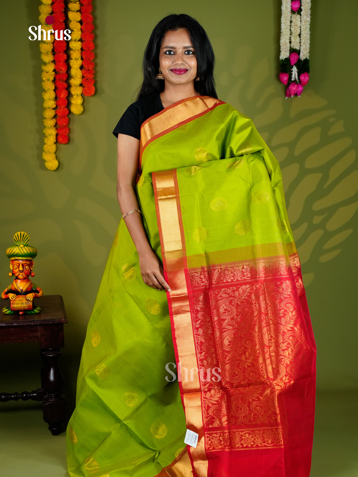 Buy Light Green Cotton Silk Saree with Gold Floral Motifs & Orange Kaddi Zari Border