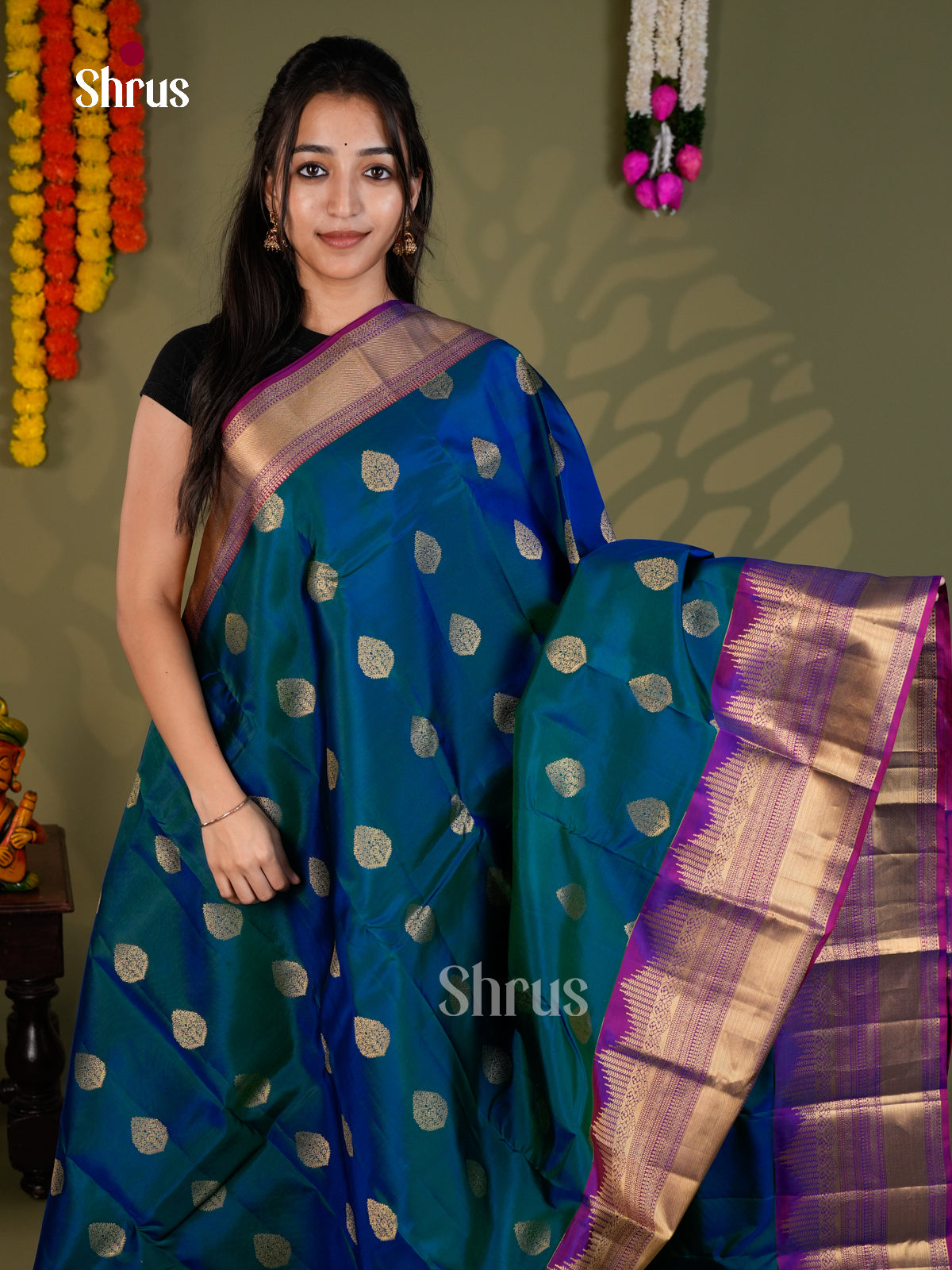Peacock Blue & Purple - EAS28011 - Kanchipuram-halfpure - Saree - Shop on Shrus.com