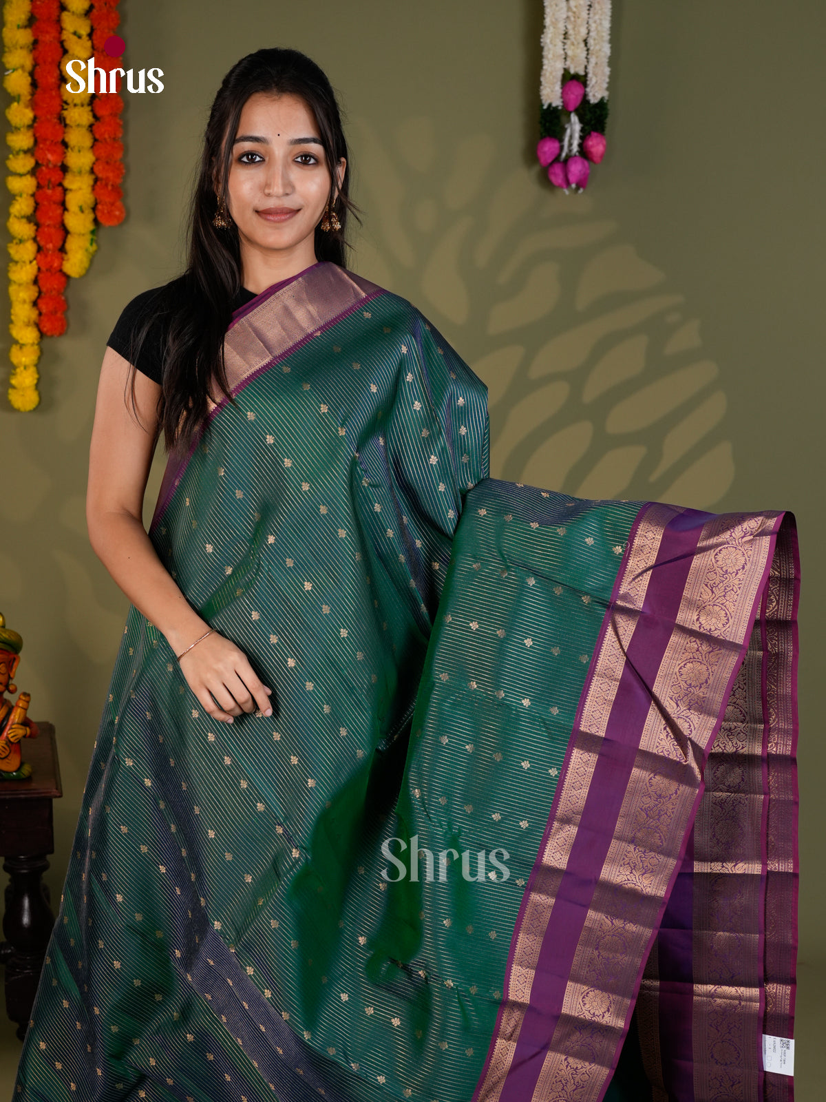 Peacock Green & Purple - Kanchipuram-halfpure - Saree- EAS28022 - Shop on Shrus.com