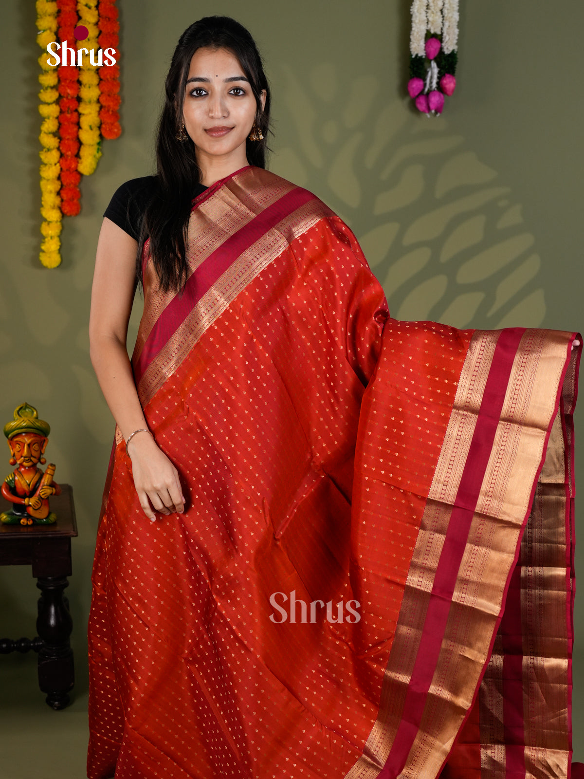 Orange & Maroon - Kanchipuram-halfpure - Saree- EAS28029 - Shop on Shrus.com