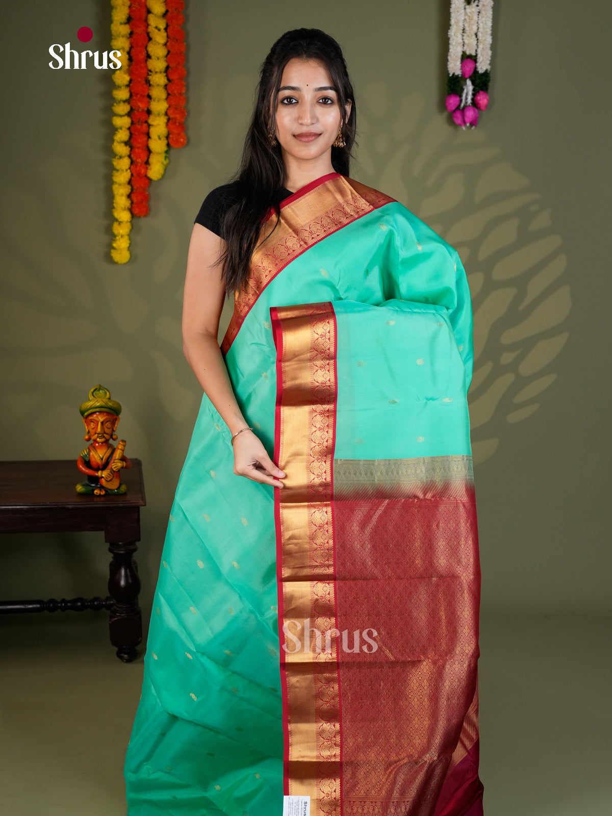 Teal Green & Maroon - Kanchipuram-halfpure - Saree- EAS28157 - Shop on Shrus.com