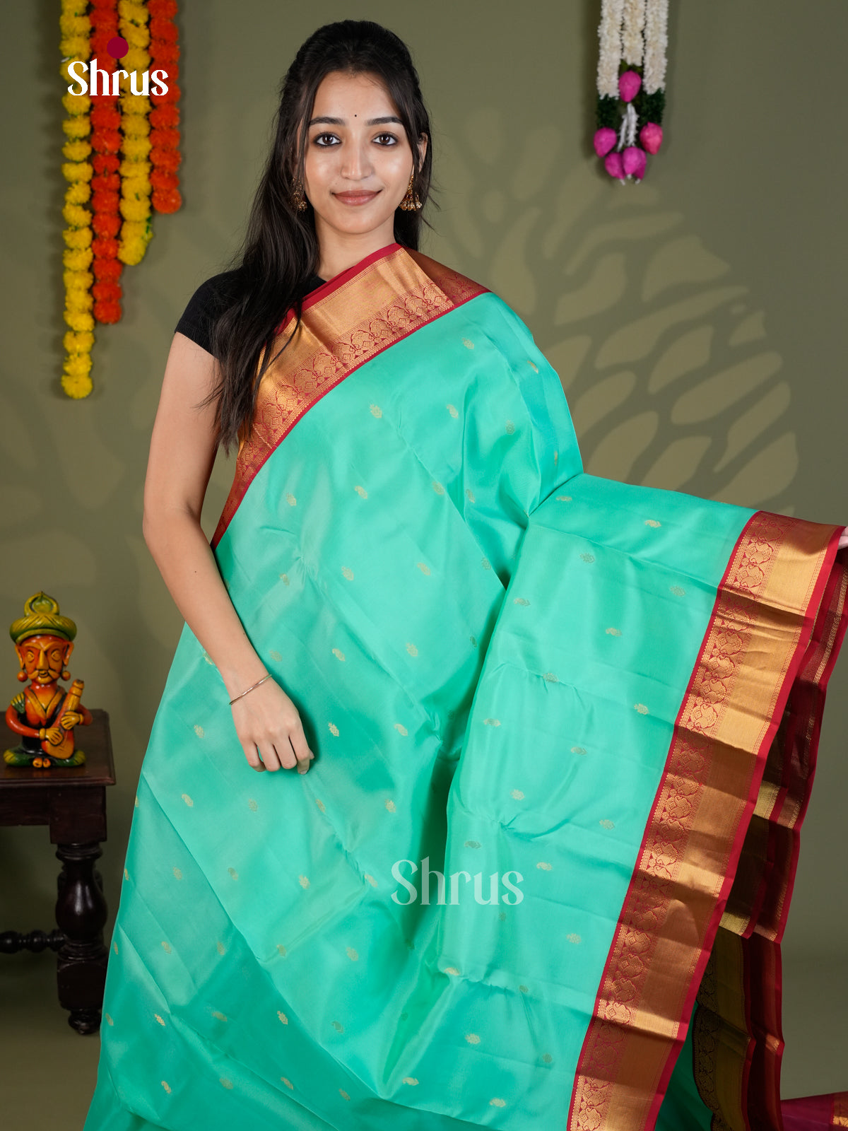 Teal Green & Maroon - Kanchipuram-halfpure - Saree- EAS28157 - Shop on Shrus.com