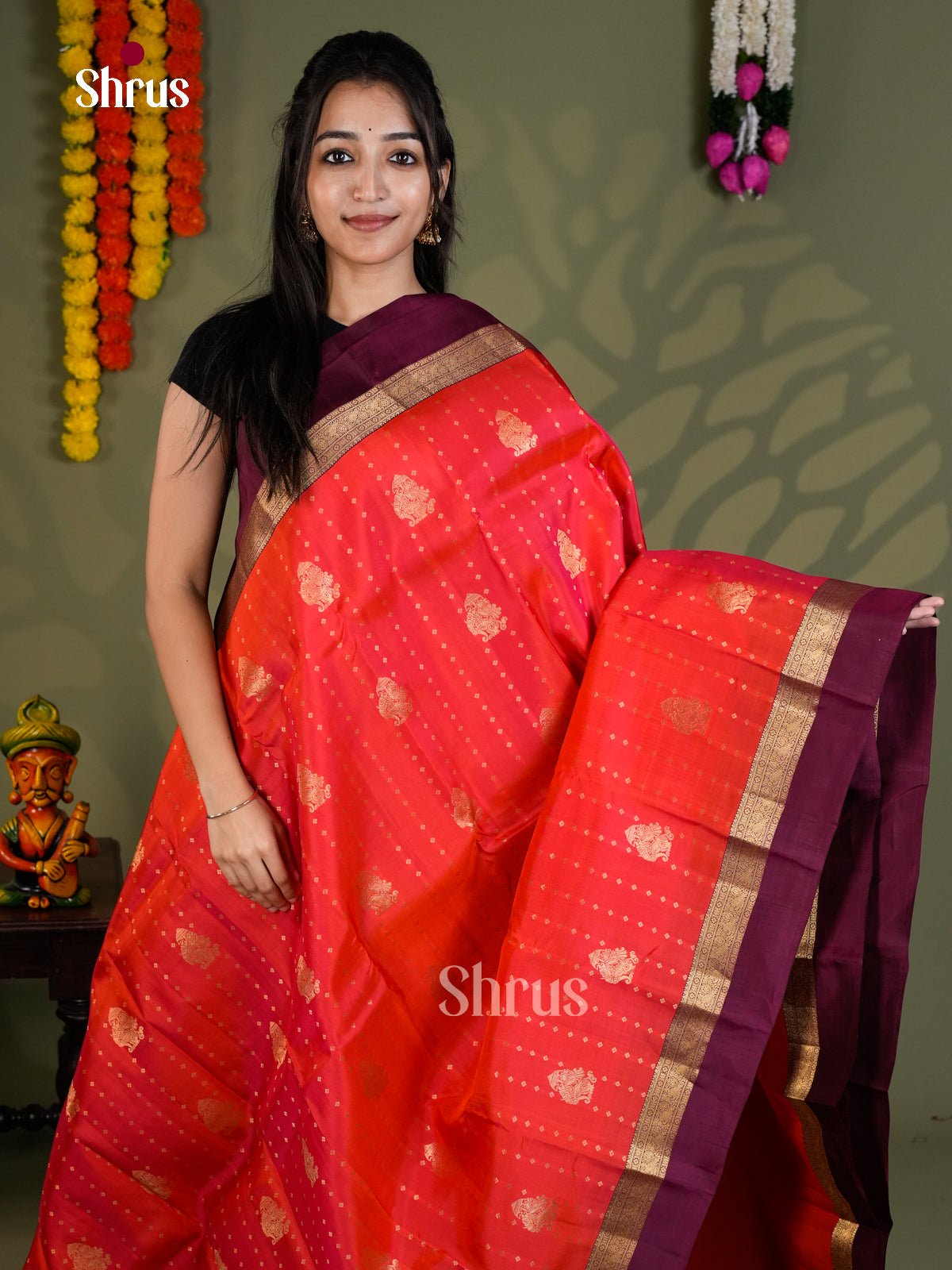 Orangish Pink & Purple - Kanchipuram-halfpure - Saree- EAS28180 - Shop on Shrus.com