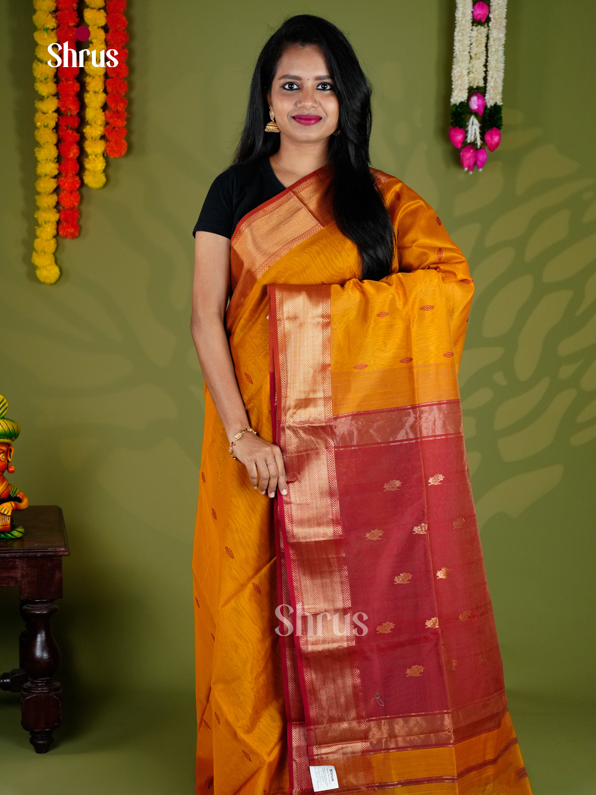 Mustard & red - Maheshwari silkcotton - Saree - EAS30025 - Shop on Shrus.com