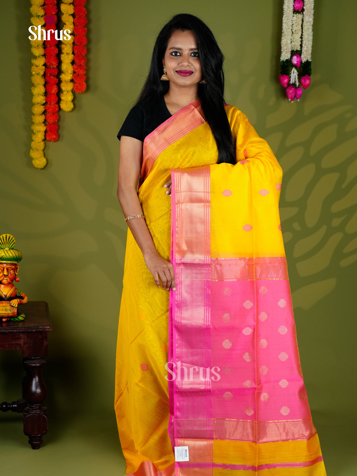 Yellow & Pink - Maheshwari silkcotton - Saree - EAS30045 - Shop on Shrus.com