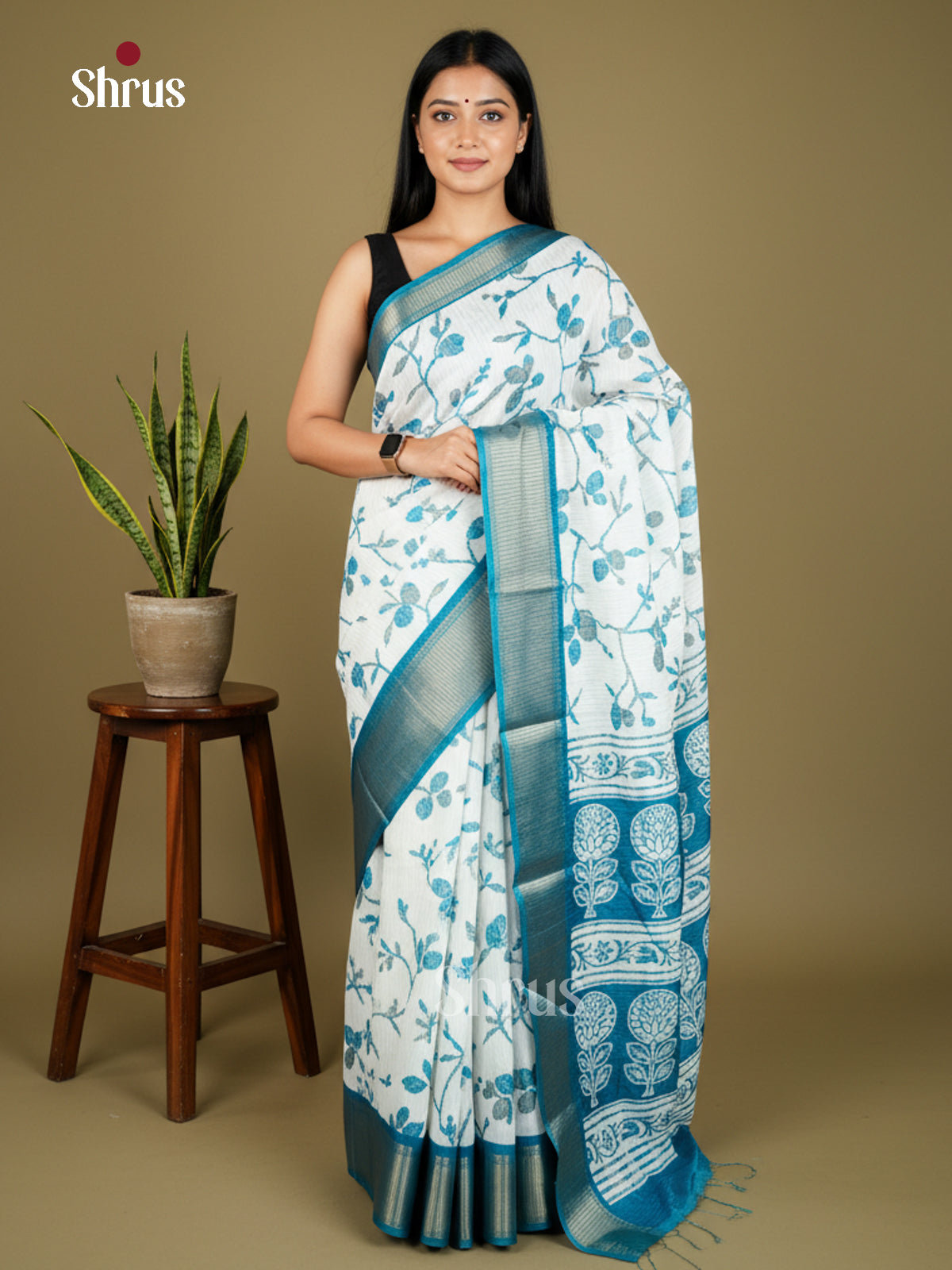 White & Blue - Semi Crepe - Saree-EAS30469 - Shop on Shrus.com