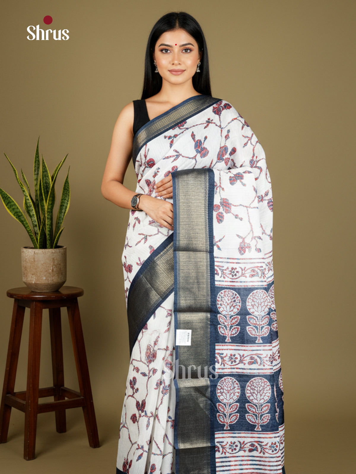 White & Blue - Semi Crepe Saree- EAS30472 - Shop on Shrus.com