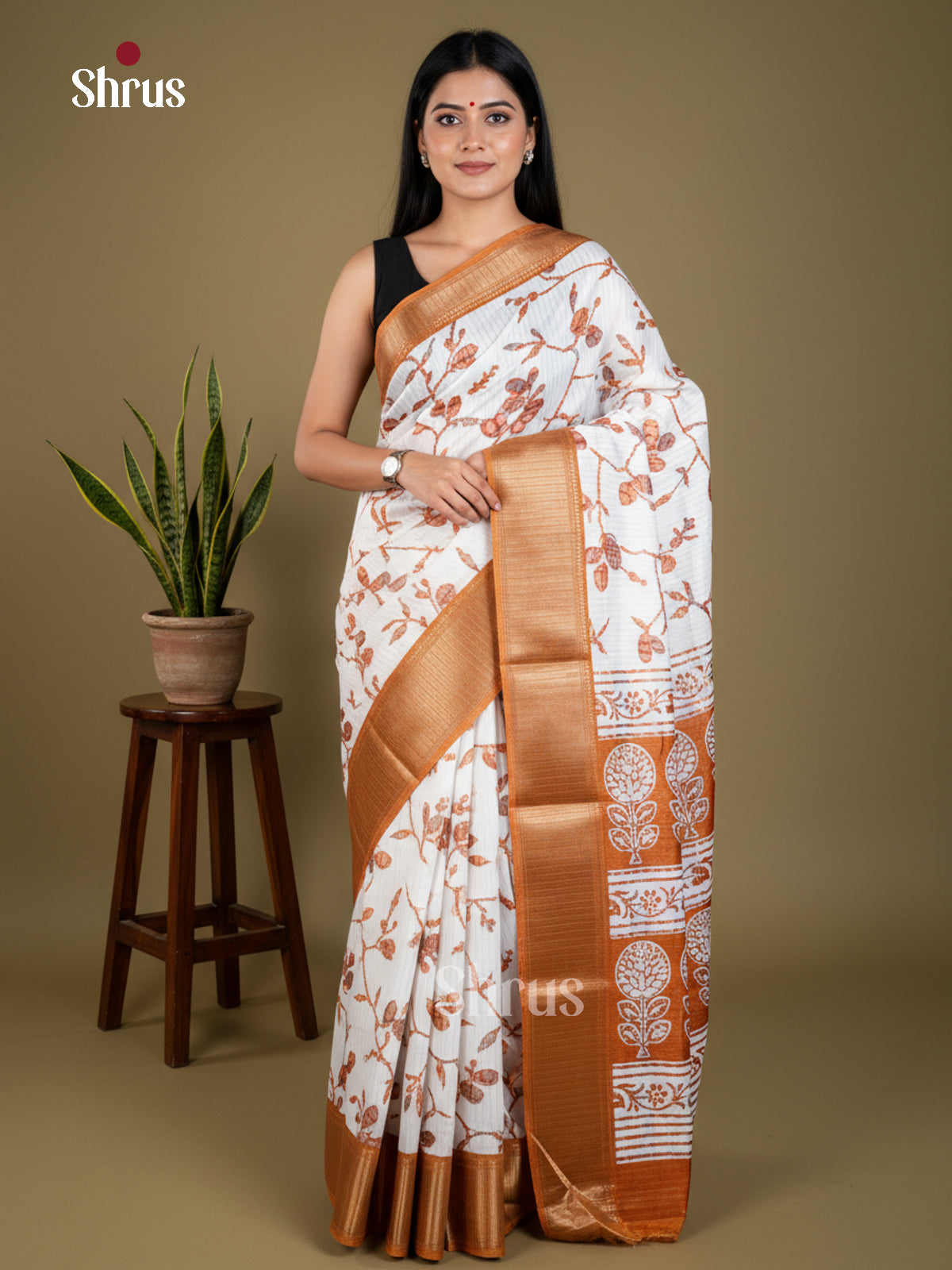 White & Brown - Semi Crepe - Saree-EAS30486 - Shop on Shrus.com