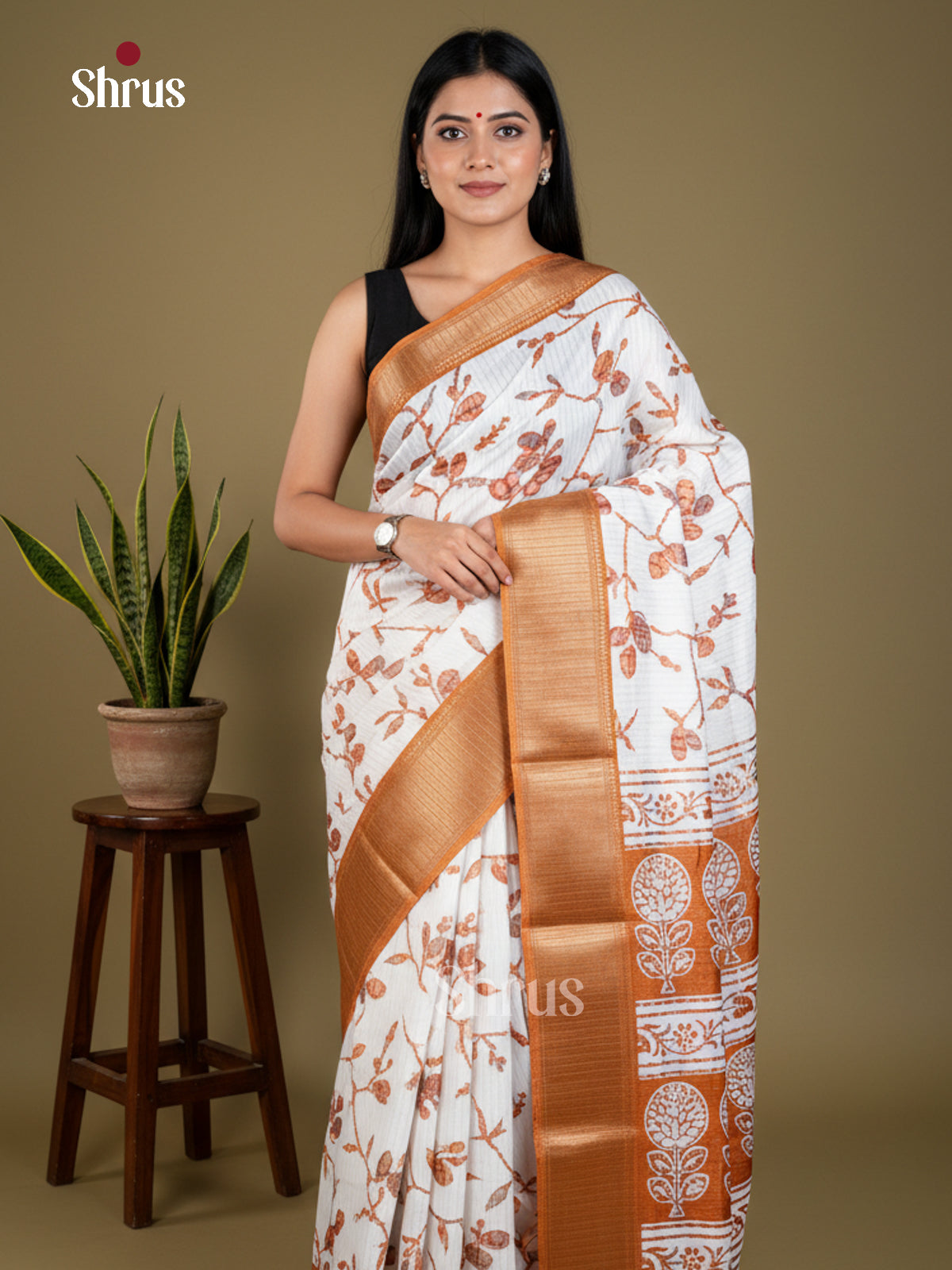 White & Brown - Semi Crepe - Saree-EAS30486 - Shop on Shrus.com