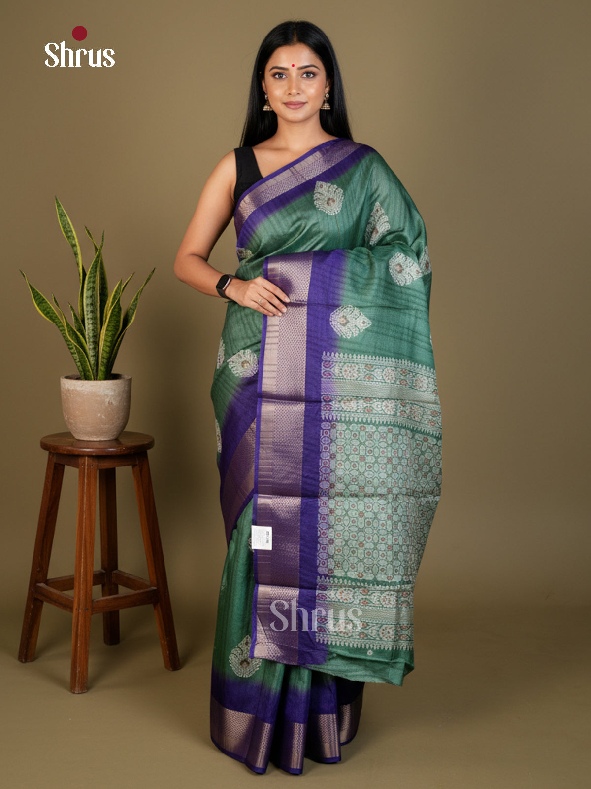 Green & Blue - Semi Crepe Saree- EAS30560 - Shop on Shrus.com