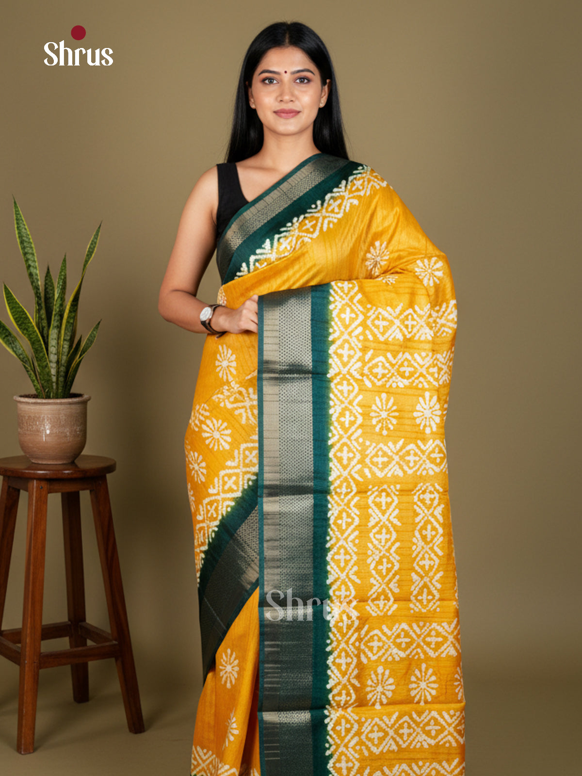 Yellow & Green - Semi Crepe - Saree- EAS30595 - Shop on Shrus.com