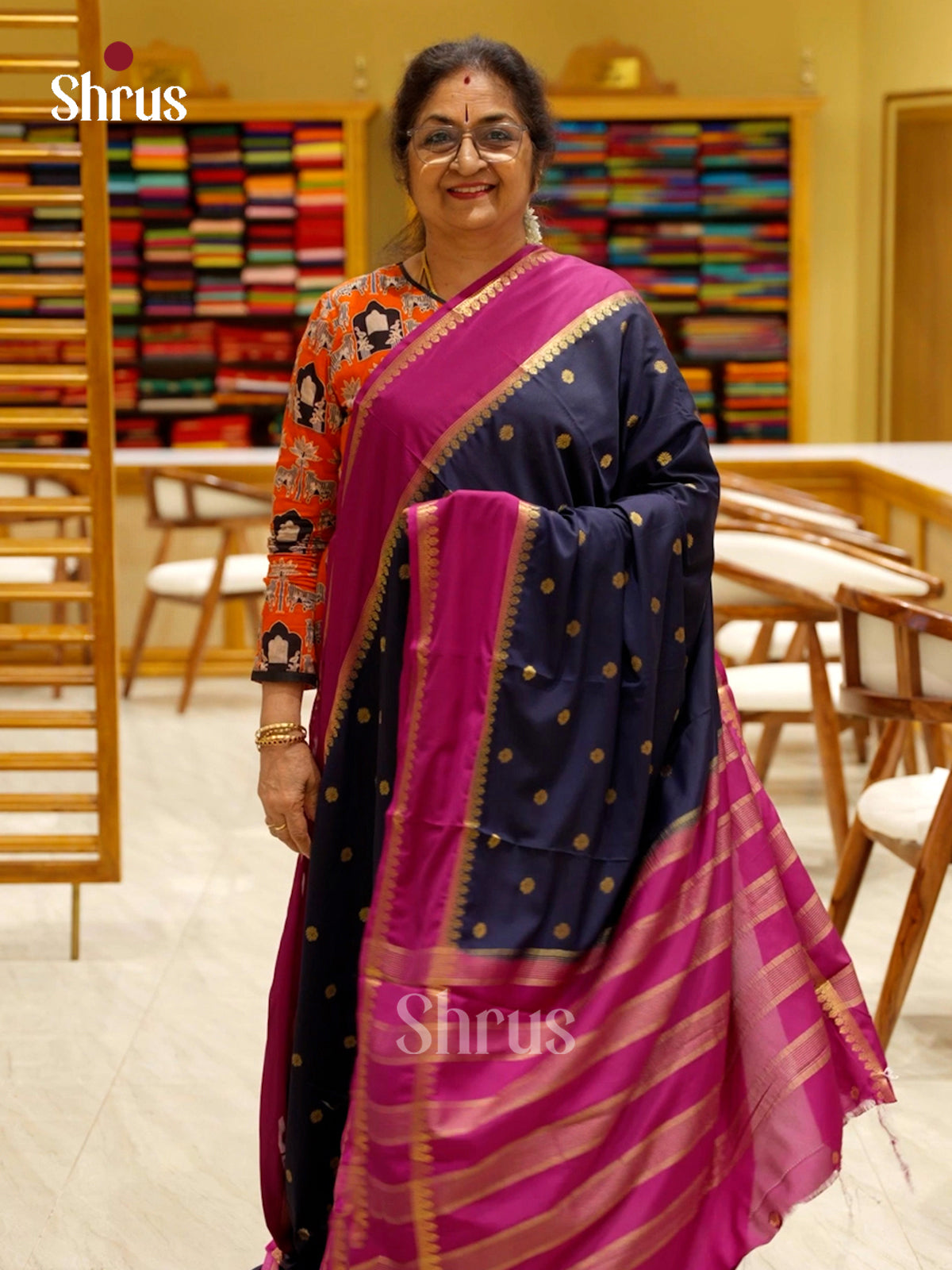 Navy Blue with Pink Semi Mysoresilk Saree - EBS05202 - Shop on Shrus.com