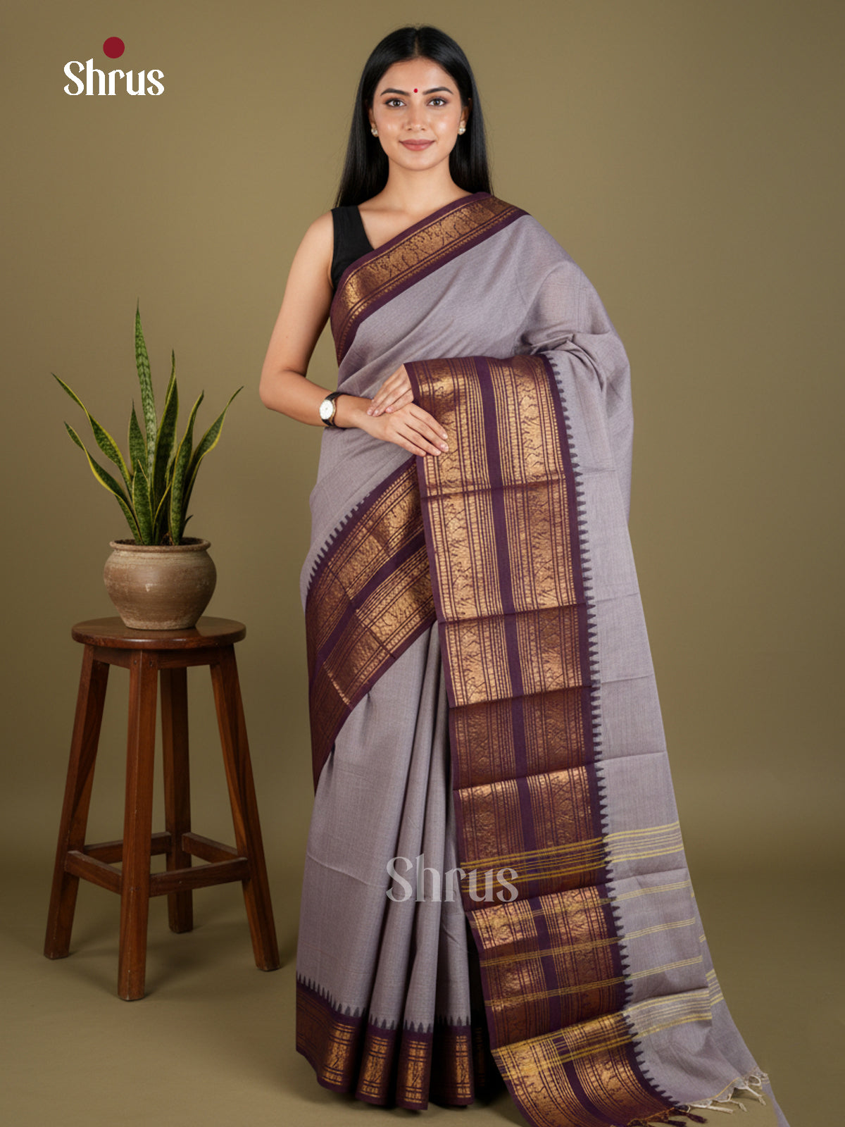 Grey & Purple - Chettinad Cotton - Saree - EBS06120 - Shop on Shrus.com