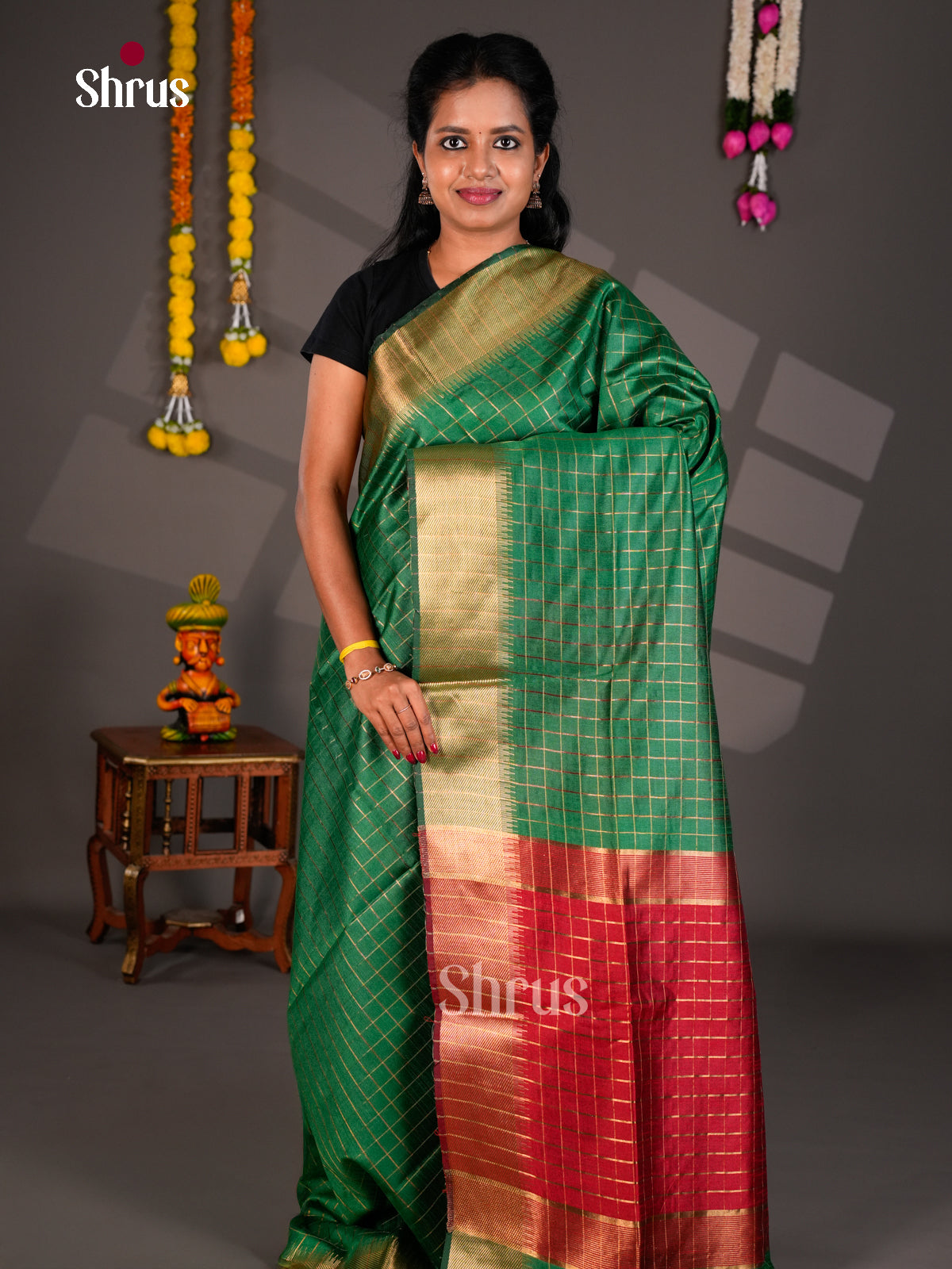 Green & Red - Semi Rawsilk Saree- EBS26143 - Shop on Shrus.com