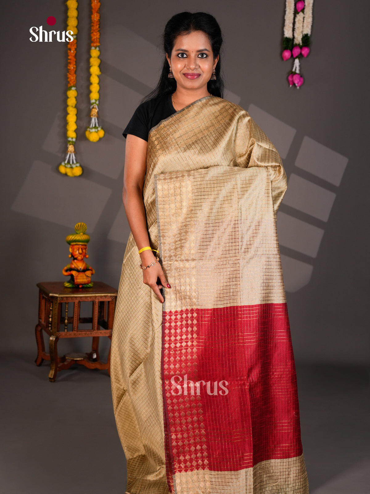 Cream & Red - EBS26209 - Semi Rawsilk Saree - Shop on Shrus.com