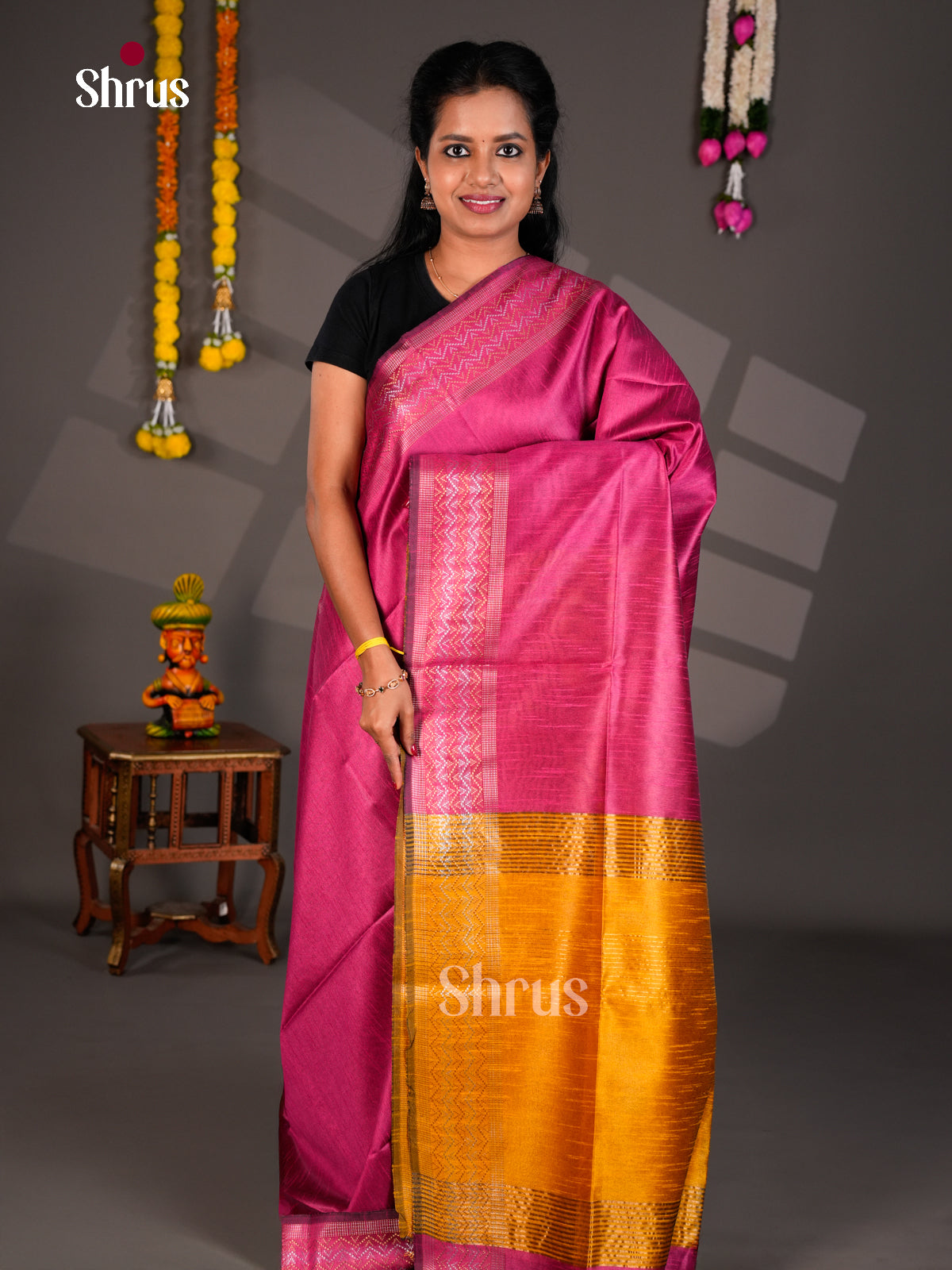 Pink & Yellow - EBS26227 - Semi Rawsilk Saree - Shop on Shrus.com