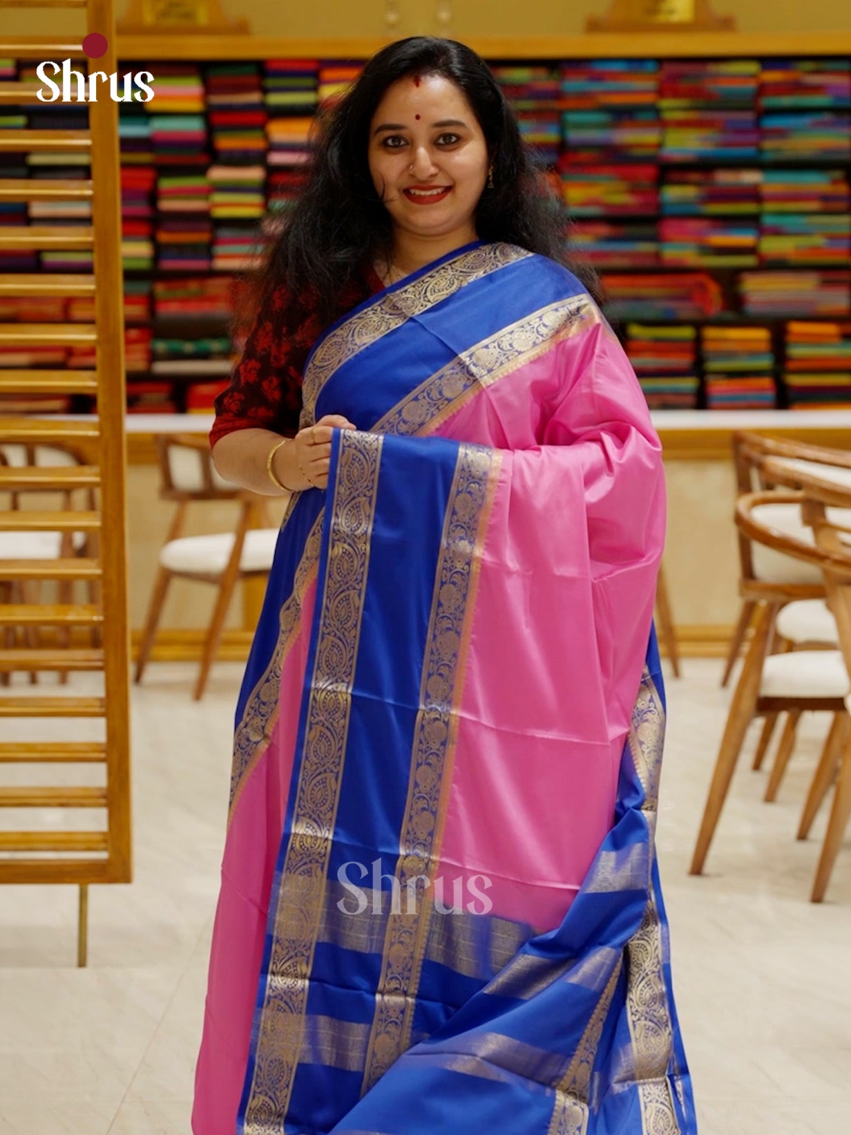 Baby Pink with Royal Blue Semi Mysoresilk Saree - EBS28152 - Shop on Shrus.com