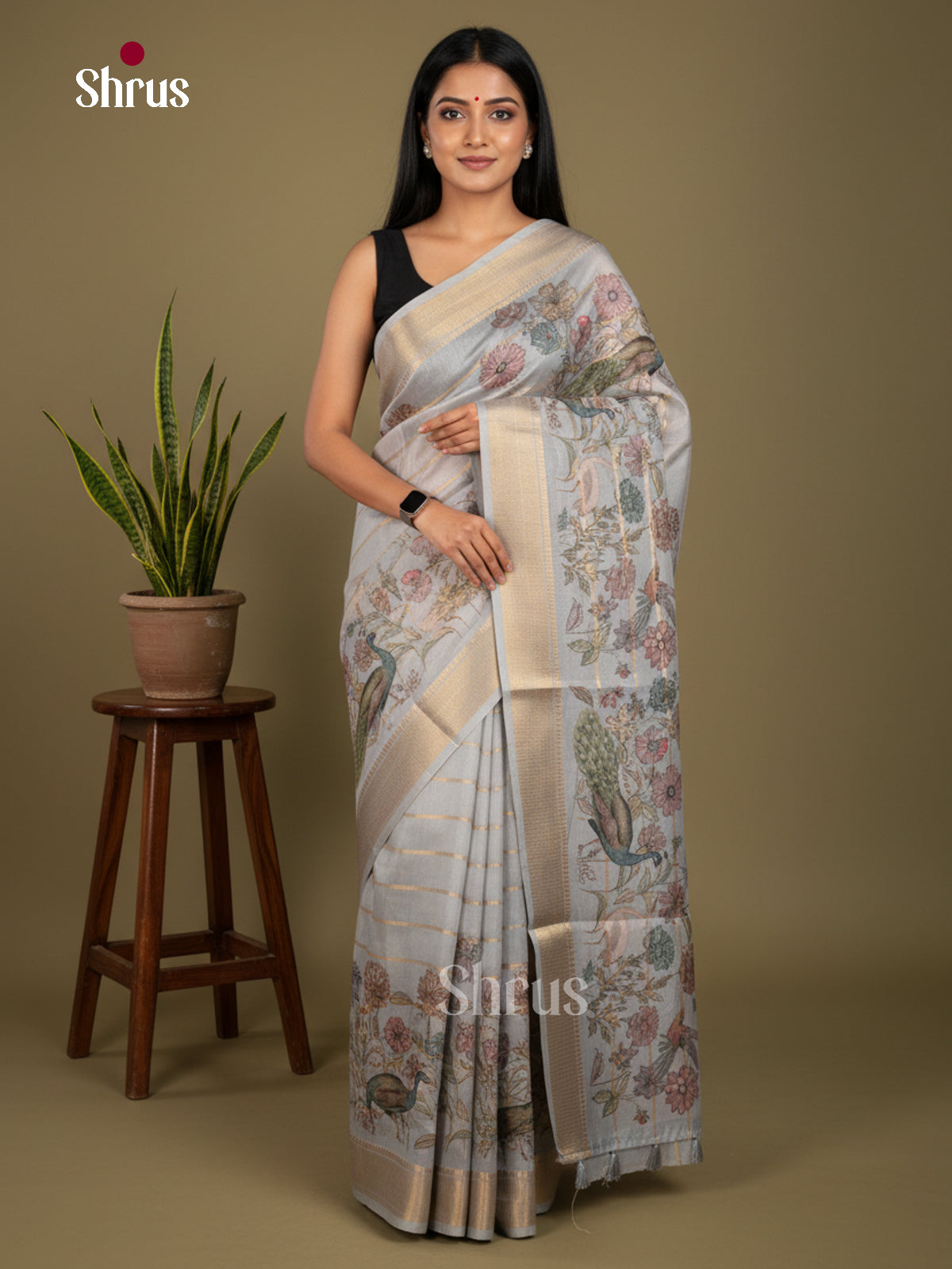 Printed Semi Tussar Saree - ECS02110 - Shop on Shrus.com