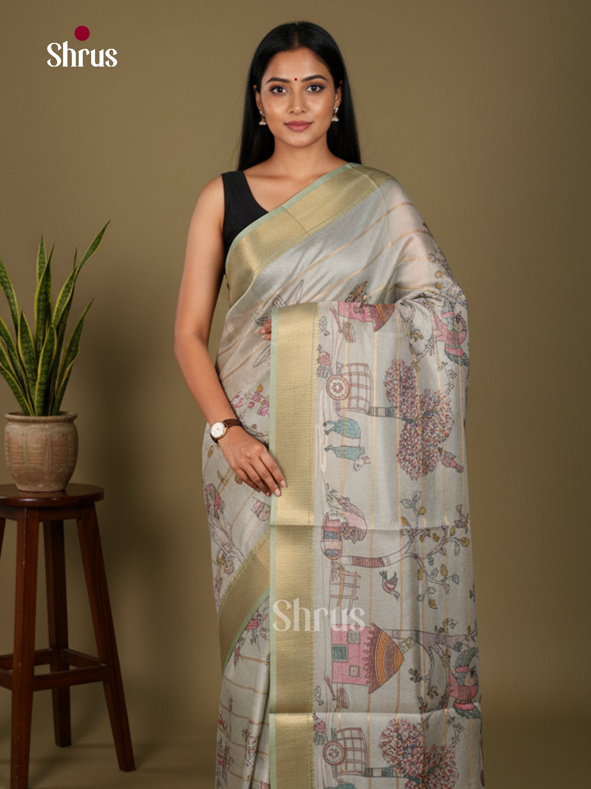 Printed Semi Tussar Saree - ECS02112 - Shop on Shrus.com