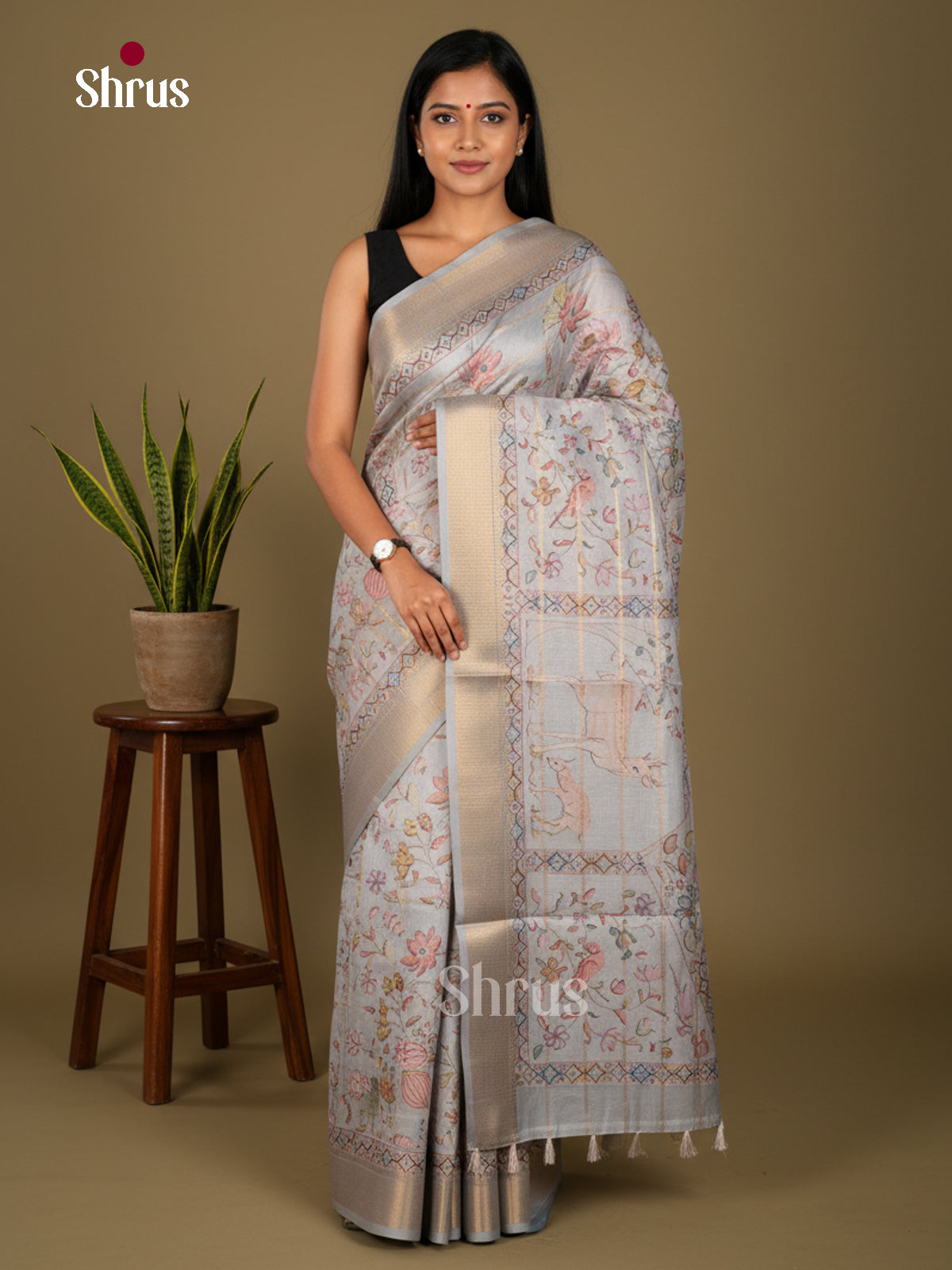 Printed Semi Tussar Saree - ECS02123 - Shop on Shrus.com