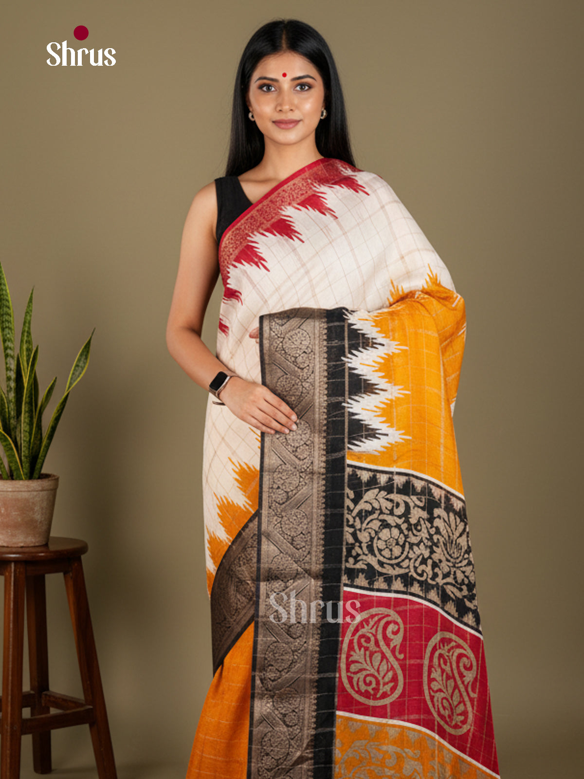 Cream & Black -Semi Crepe Saree - ECS03002 - Shop on Shrus.com