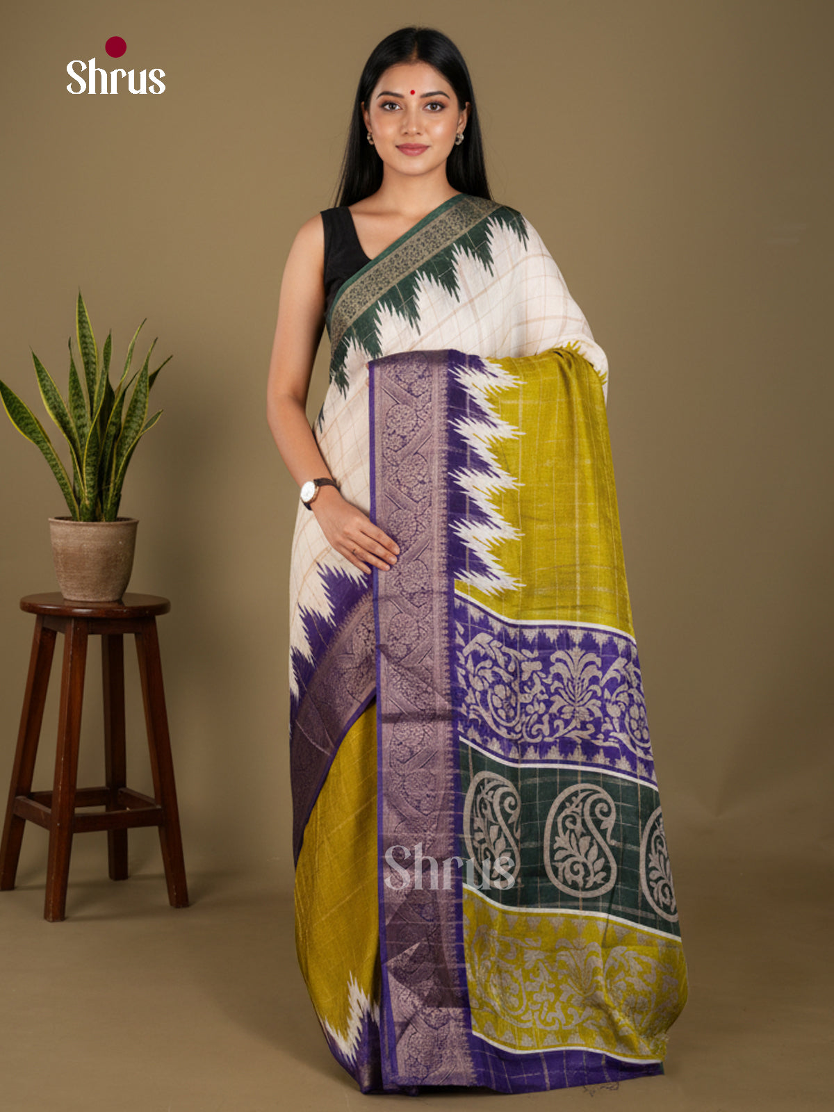 Cream & Mustardy Green - Semi Crepe Saree - ECS03003 - Shop on Shrus.com