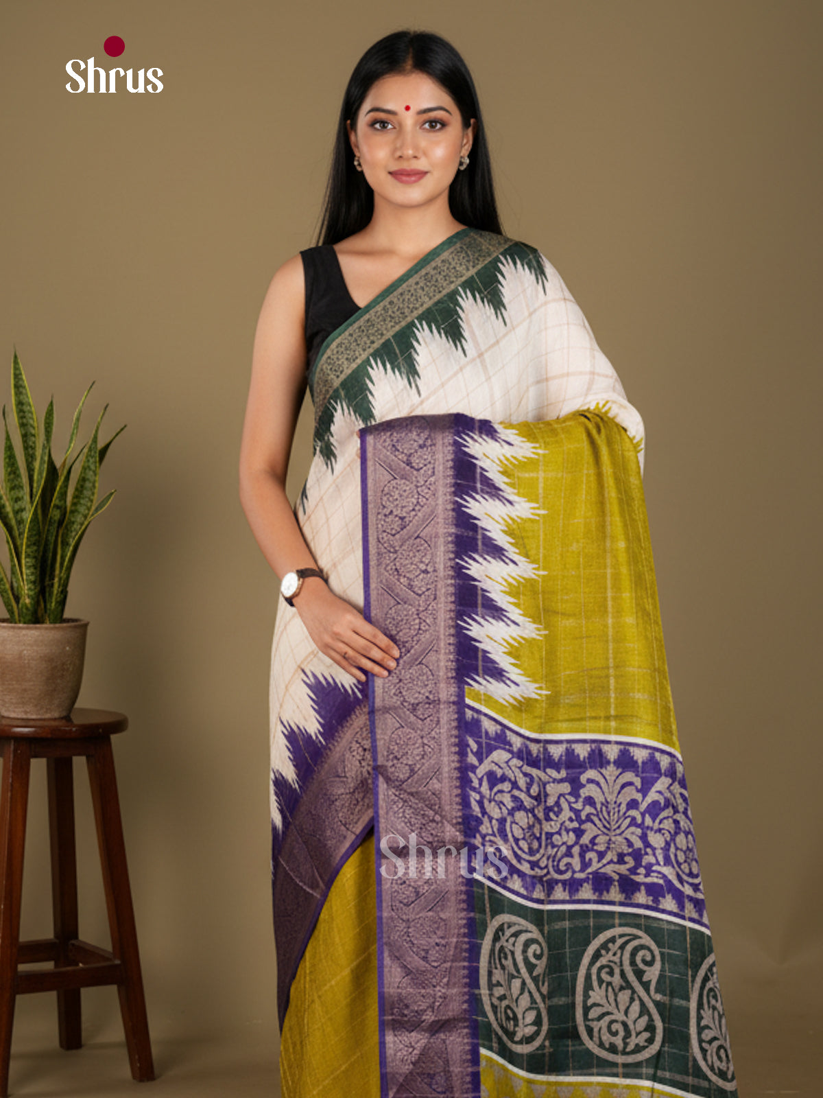 Cream & Mustardy Green - Semi Crepe Saree - ECS03003 - Shop on Shrus.com
