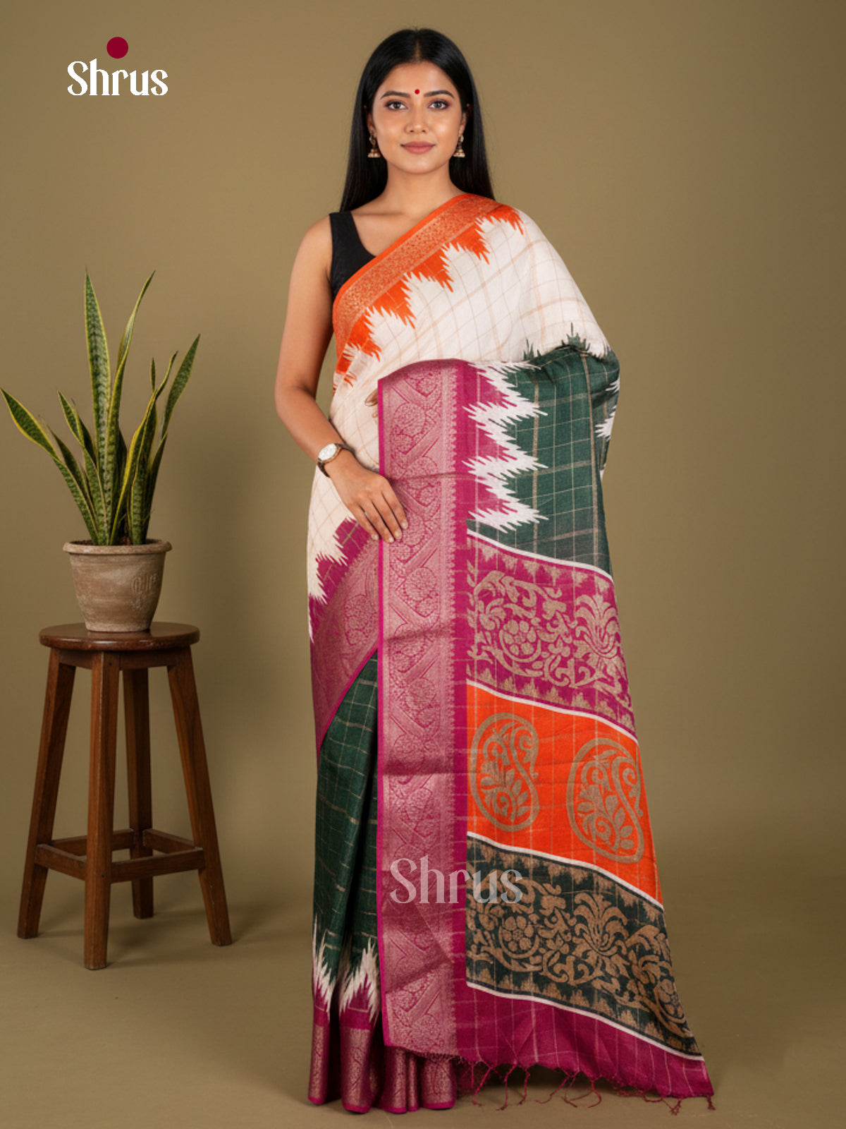 Cream & Green-Semi Crepe Saree - ECS03005 - Shop on Shrus.com