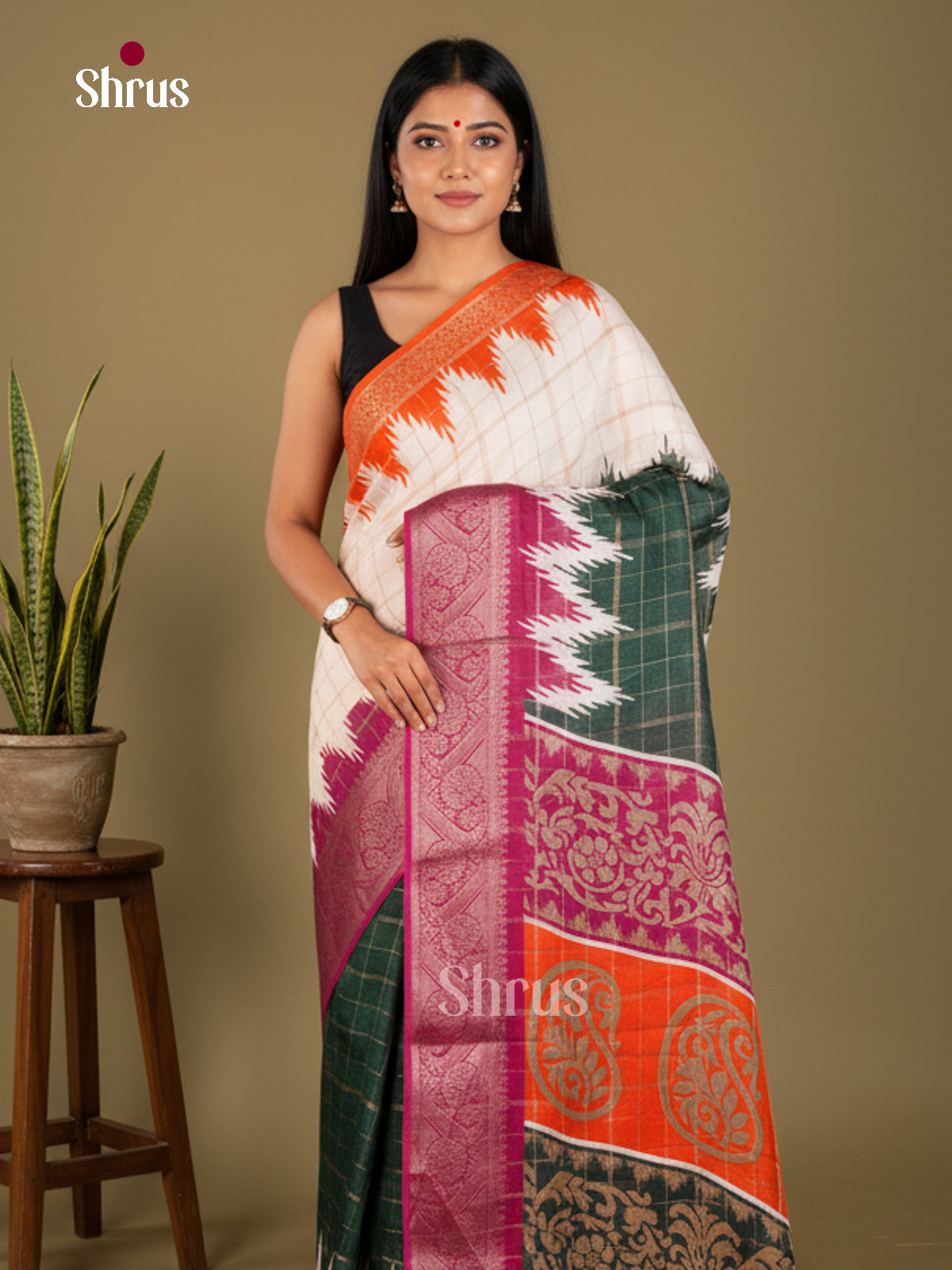 Cream & Green-Semi Crepe Saree - ECS03005 - Shop on Shrus.com