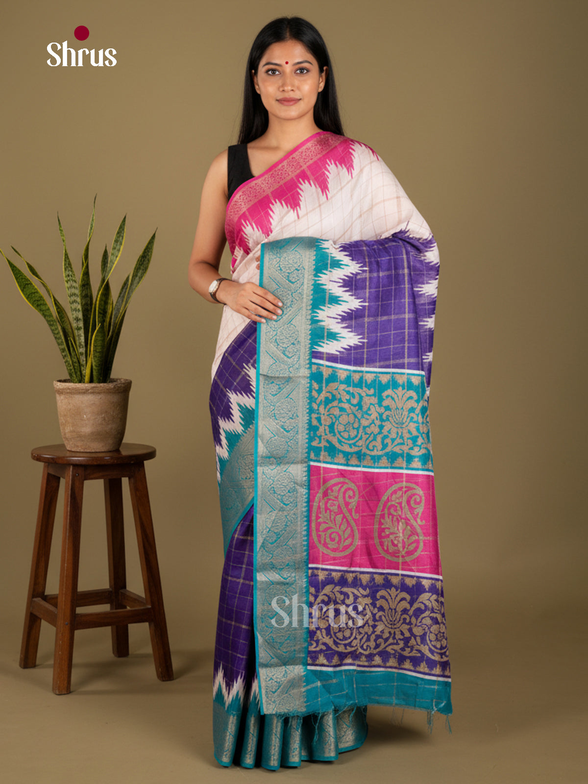 Cream & Teal -Semi Crepe Saree - ECS03006 - Shop on Shrus.com
