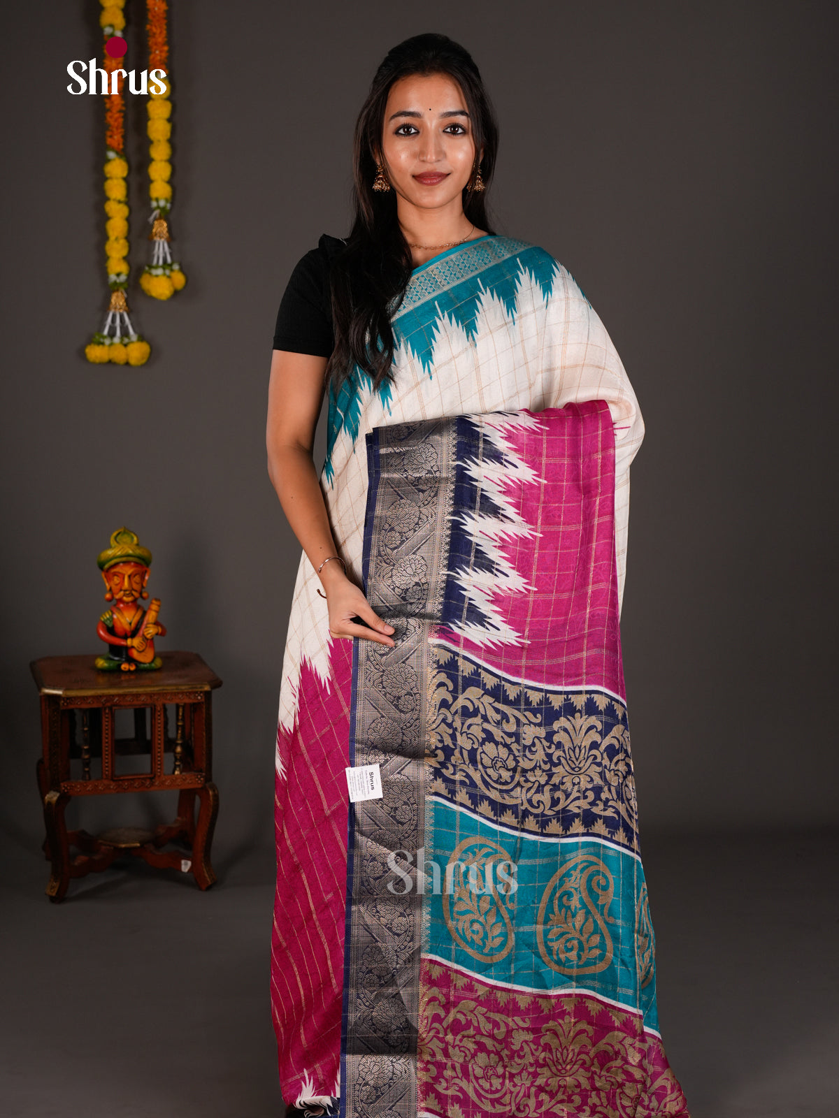Cream & Blue - Semi Crepe Saree - ECS03007 - Shop on Shrus.com