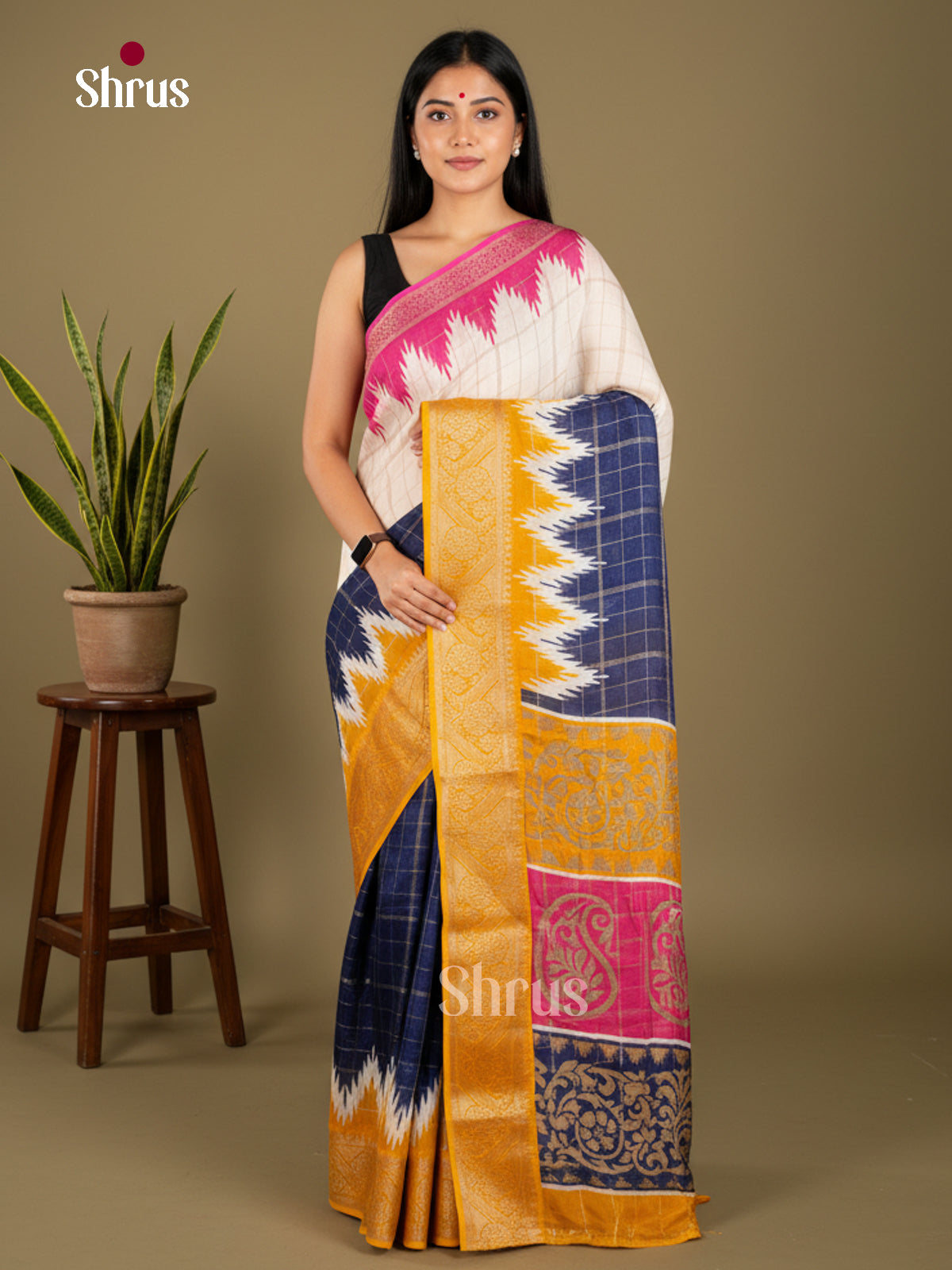 Cream & Mustard - Semi Crepe Saree - ECS03008 - Shop on Shrus.com