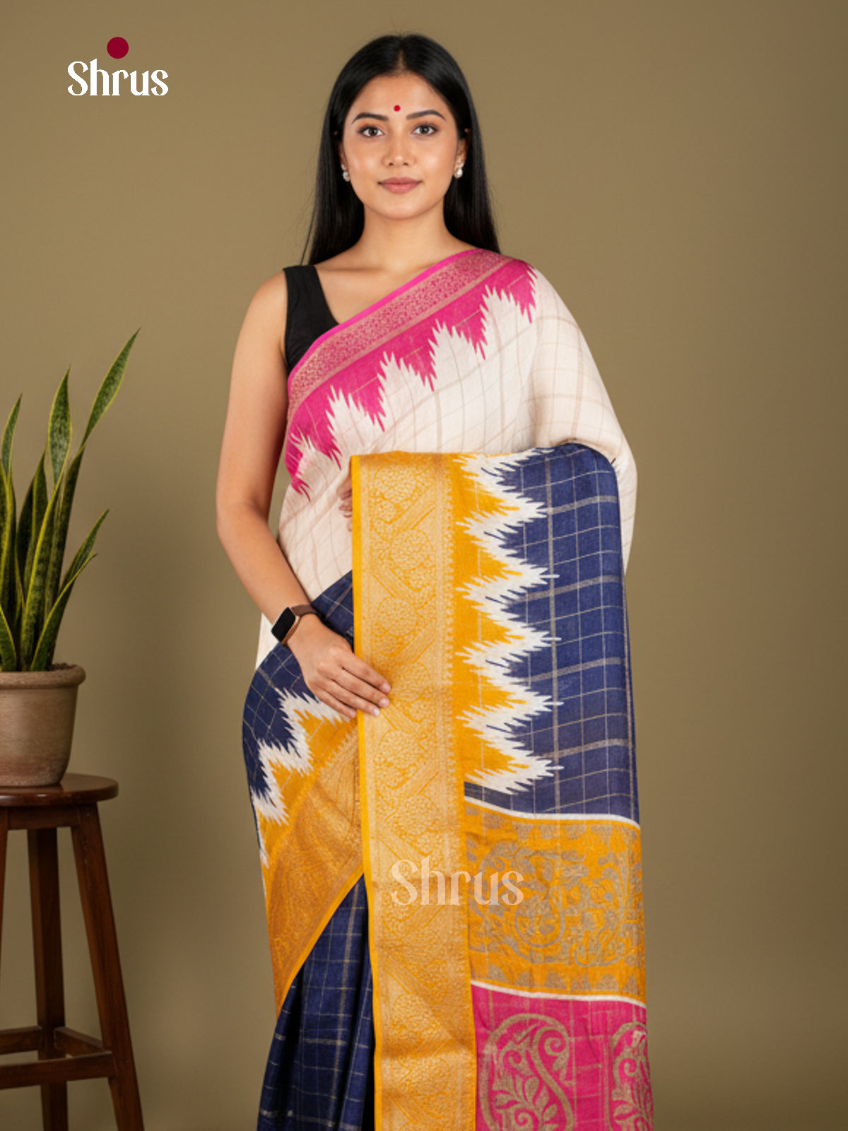 Cream & Mustard - Semi Crepe Saree - ECS03008 - Shop on Shrus.com