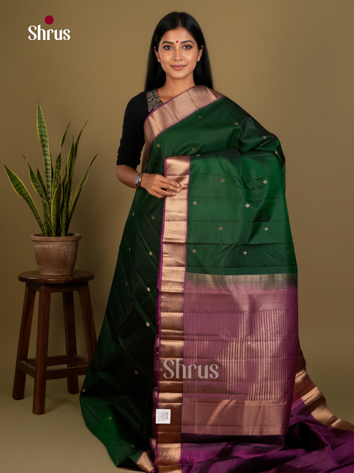 Classy Green & Purple Kanchipuram silk Saree with gold zari buttas & traditional zari border- EDS04006 - Shop on Shrus.com