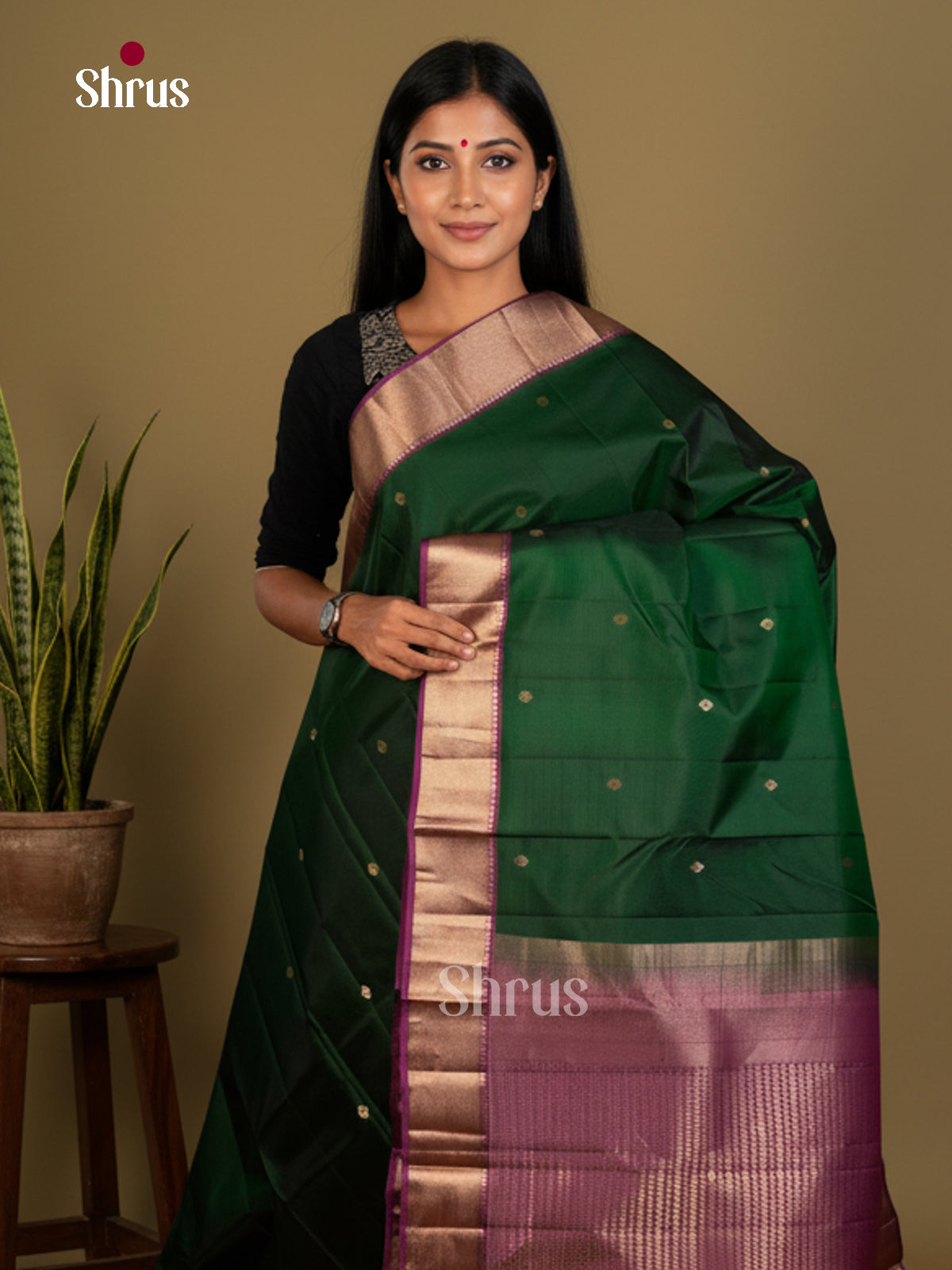 Classy Green & Purple Kanchipuram silk Saree with gold zari buttas & traditional zari border- EDS04006 - Shop on Shrus.com