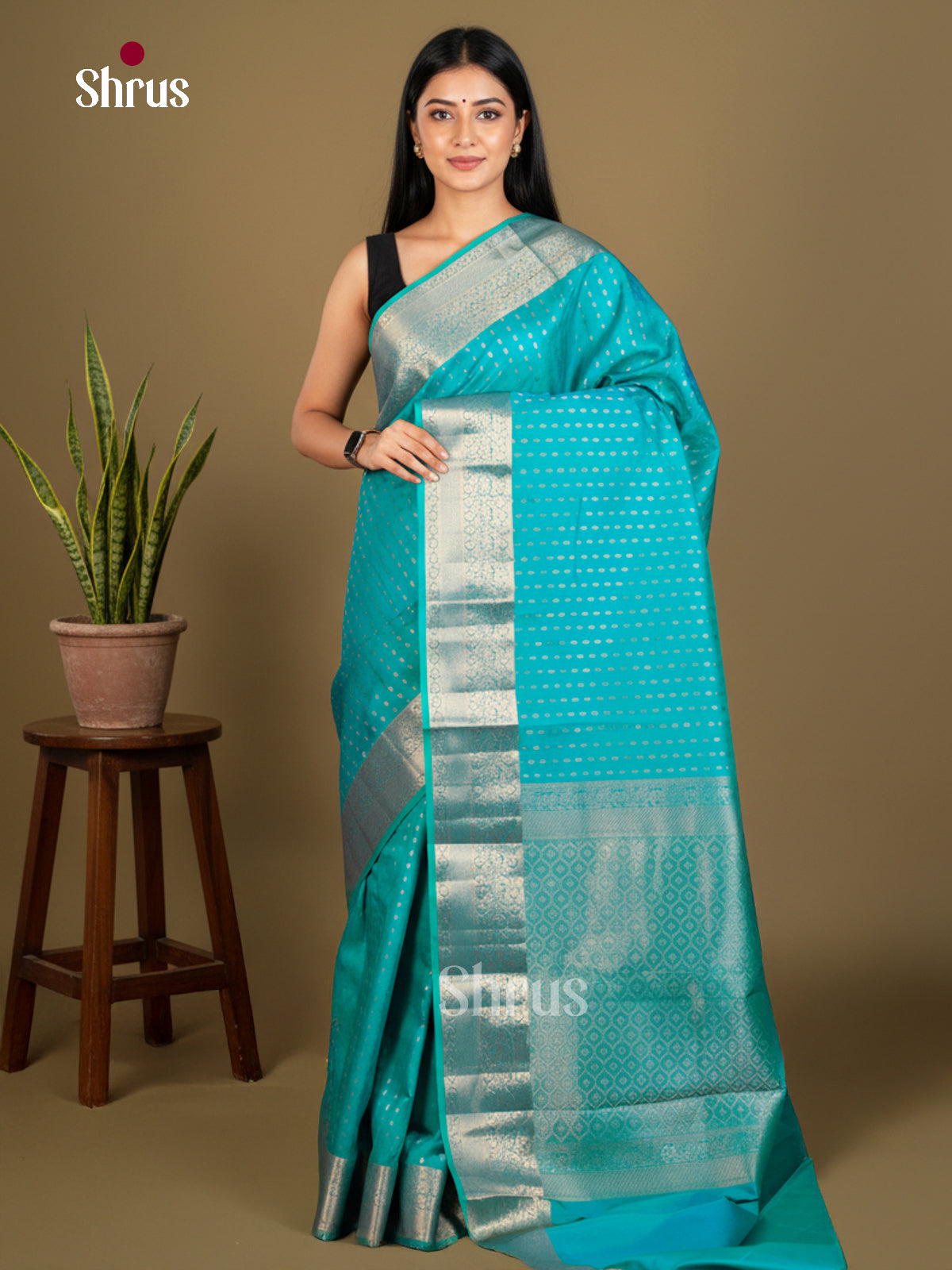 Teal blue(Single Tone) -Kanchipuram-halfpure Saree - EDS04078 - Shop on Shrus.com