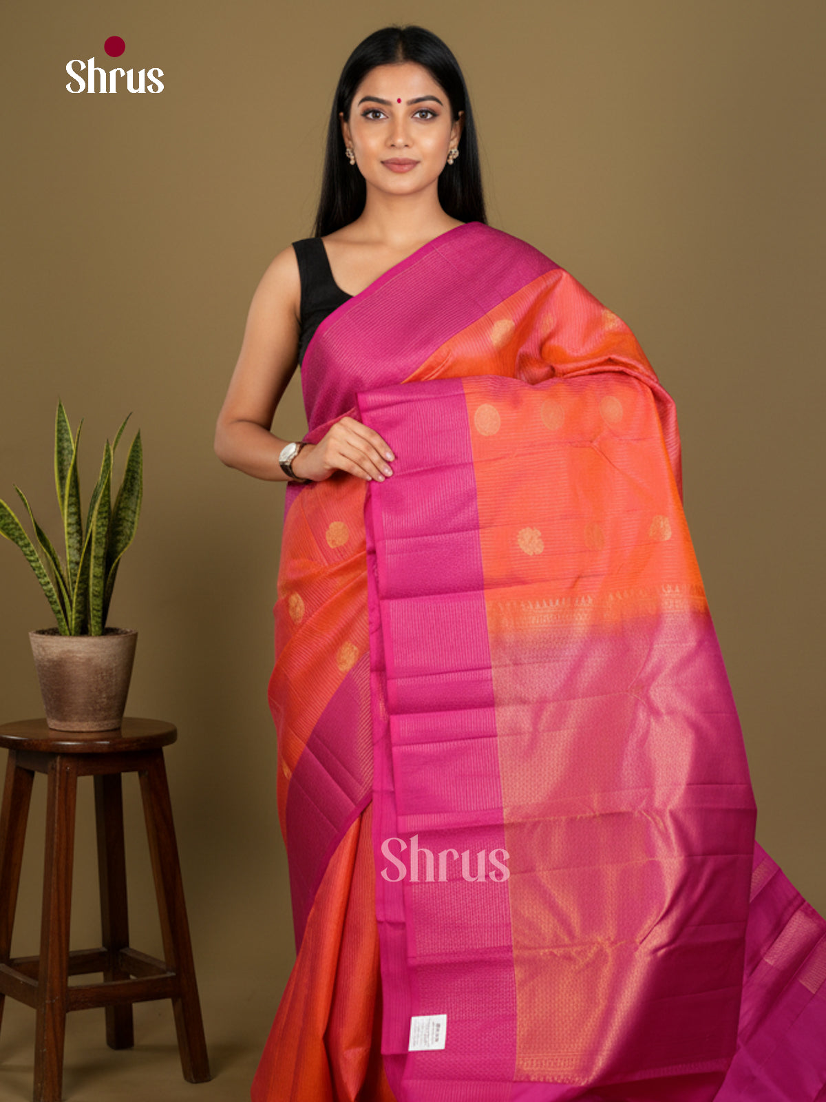 Radiant Orange & Pink Kanchipuram silk Saree with zari buttas & rich brocade pallu - EDS04128 - Shop on Shrus.com