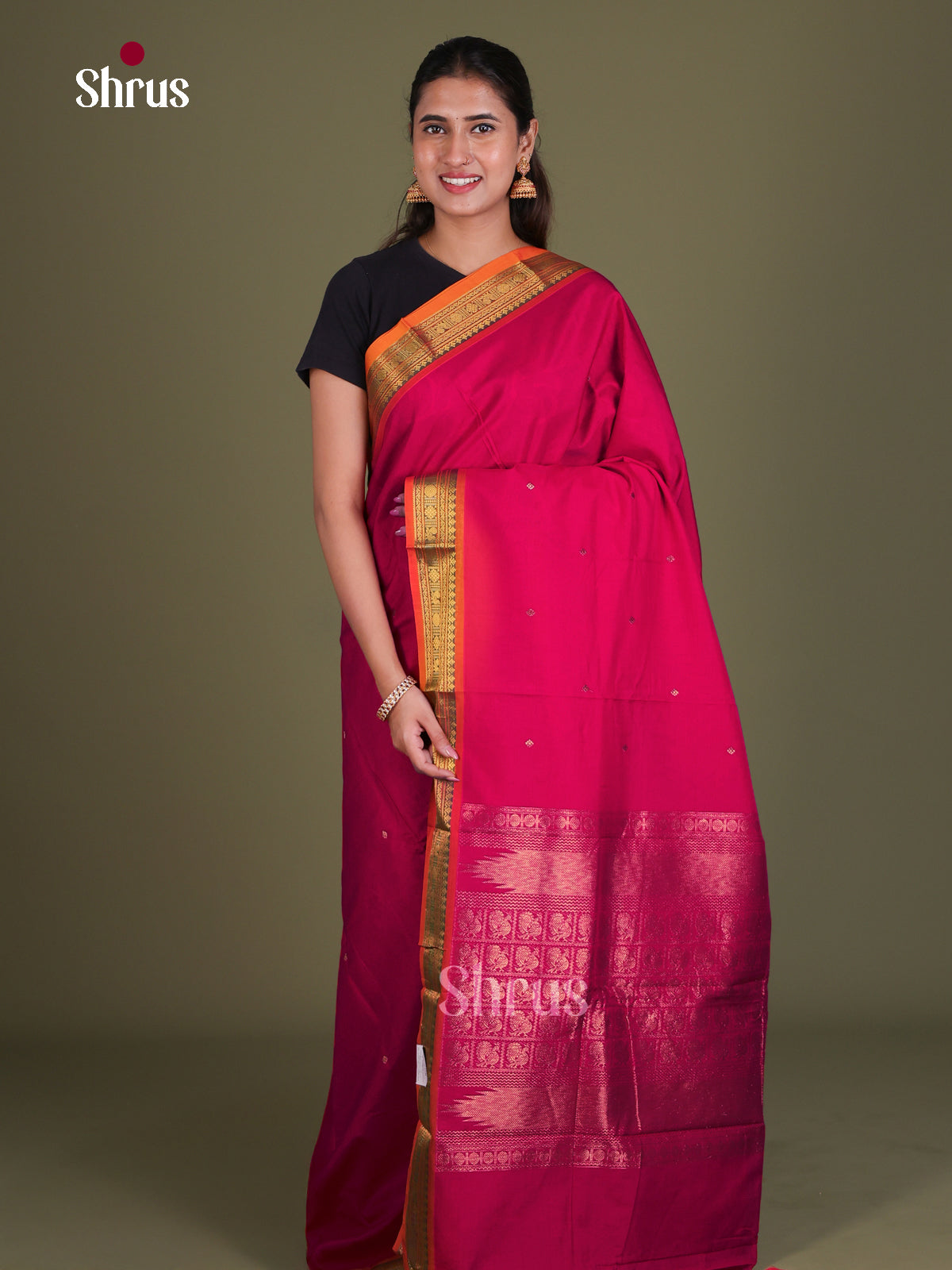 Rani Pink Chettinad Cotton Saree With Gold Buttas & Orange Zari Border & Pallu