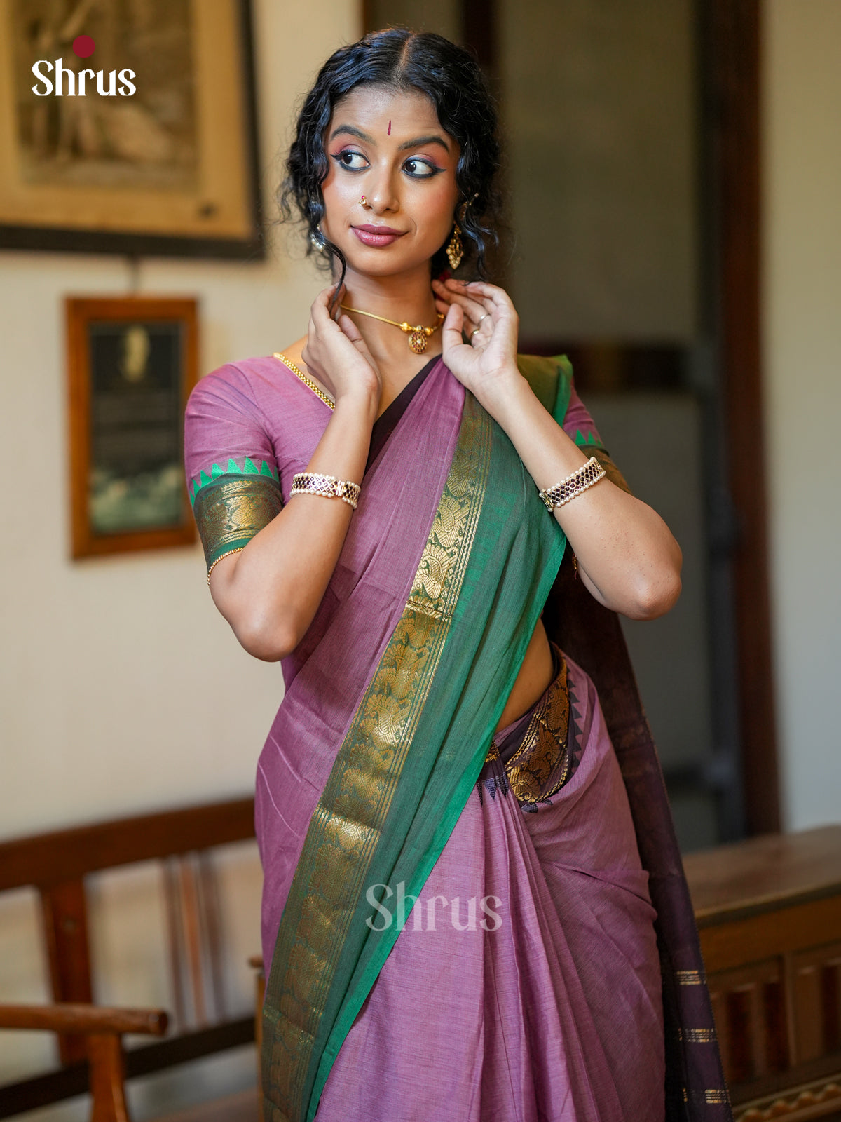 Purple & Green - Chettinad Cotton Saree - EES18059 - Shop on Shrus.com