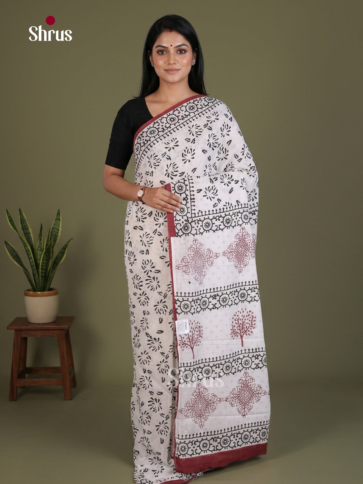 White & Maroon - Jaipur cotton Saree - EES25086