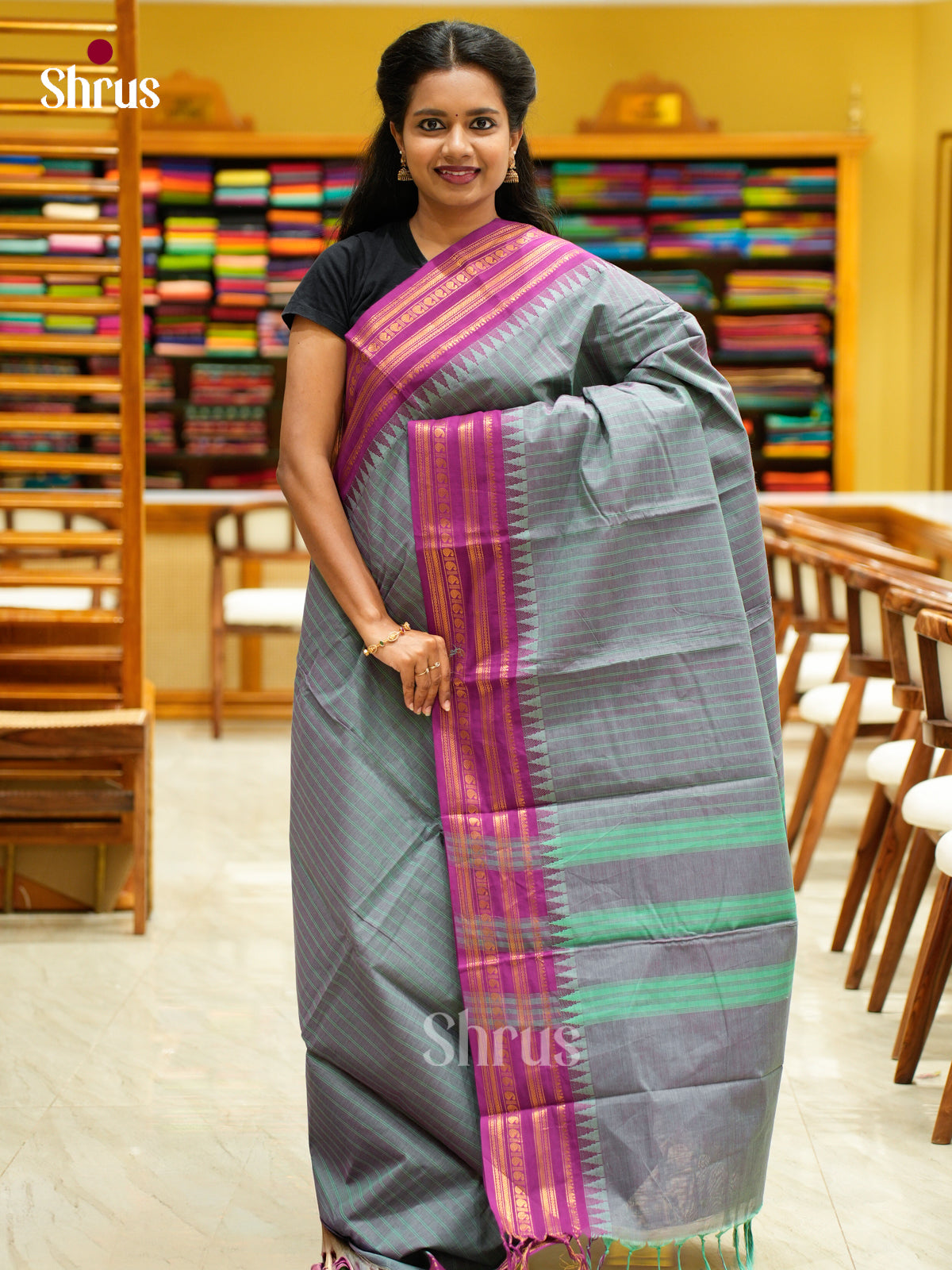 Graceful Dual Tone Blue Chettinad Cotton Saree With Stripes & Purple Temple Zari Border - Shop on Shrus.com