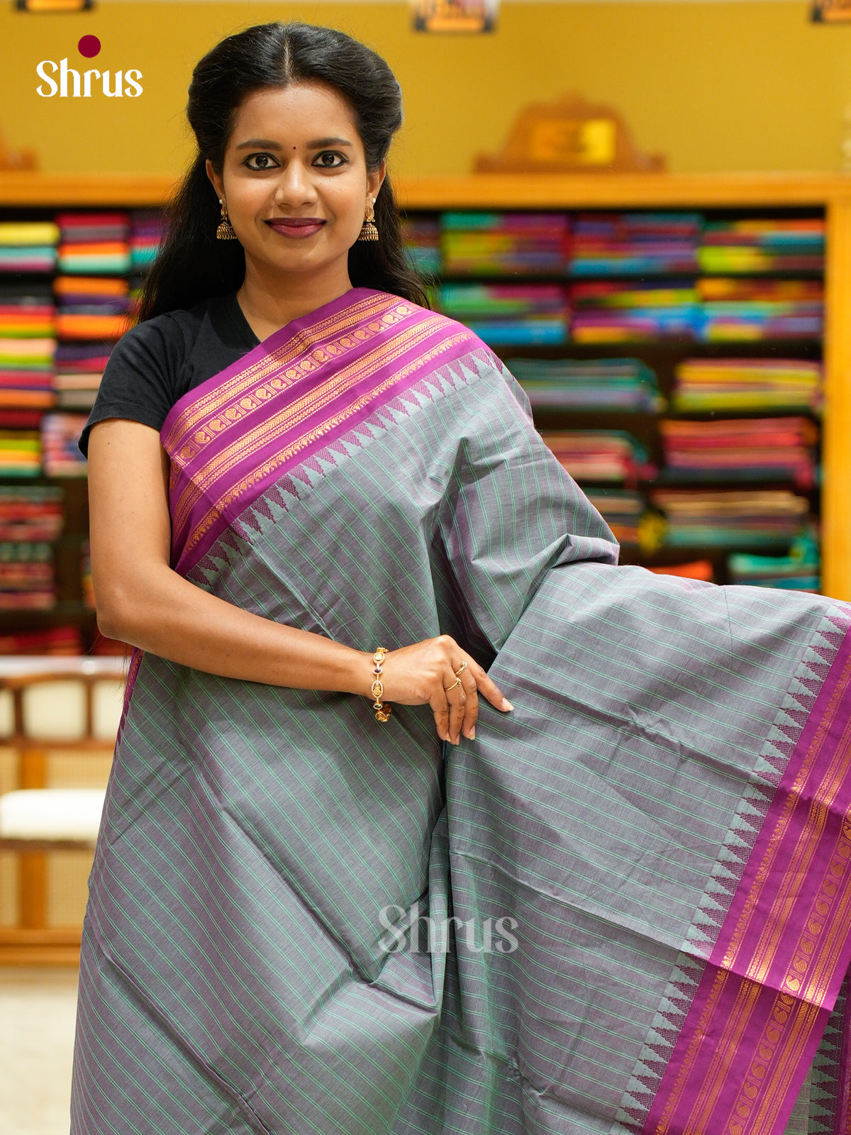 Graceful Dual Tone Blue Chettinad Cotton Saree With Stripes & Purple Temple Zari Border - Shop on Shrus.com