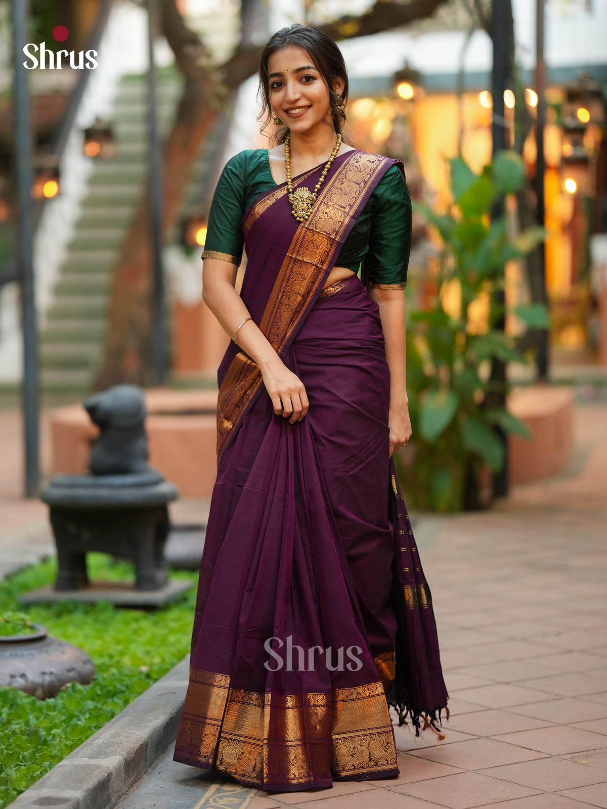 Exquisite Wine Chettinad Cotton Saree With Rich Zari Border & Striped Pallu - Shop on Shrus.com