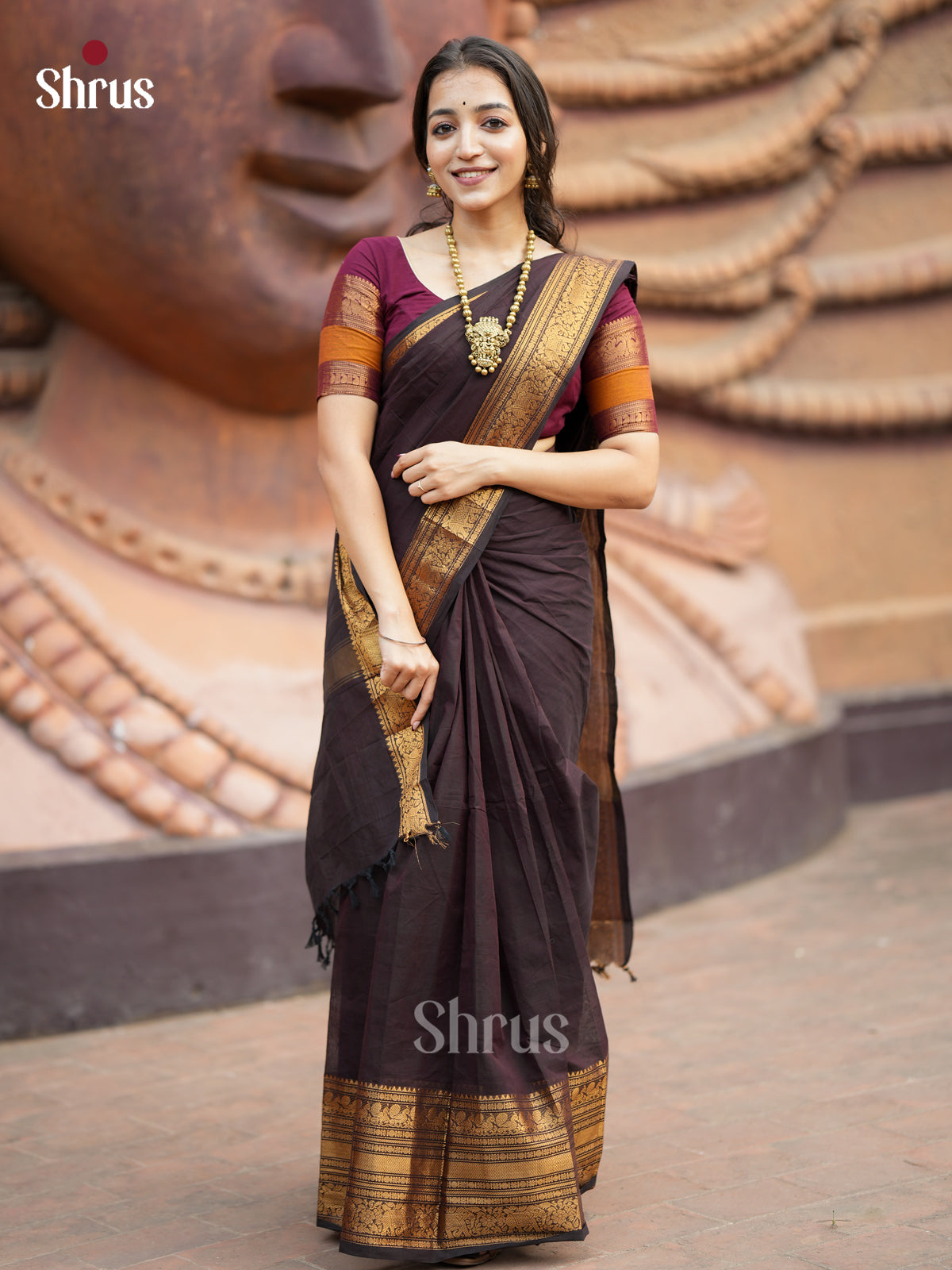 Coffee Brown - Chettinad Cotton Saree - EES26201 - Shop on Shrus.com