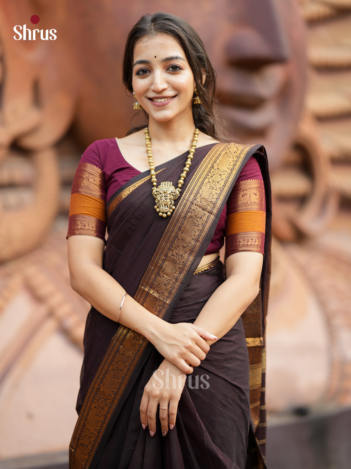 Coffee Brown - Chettinad Cotton Saree - EES26201 - Shop on Shrus.com