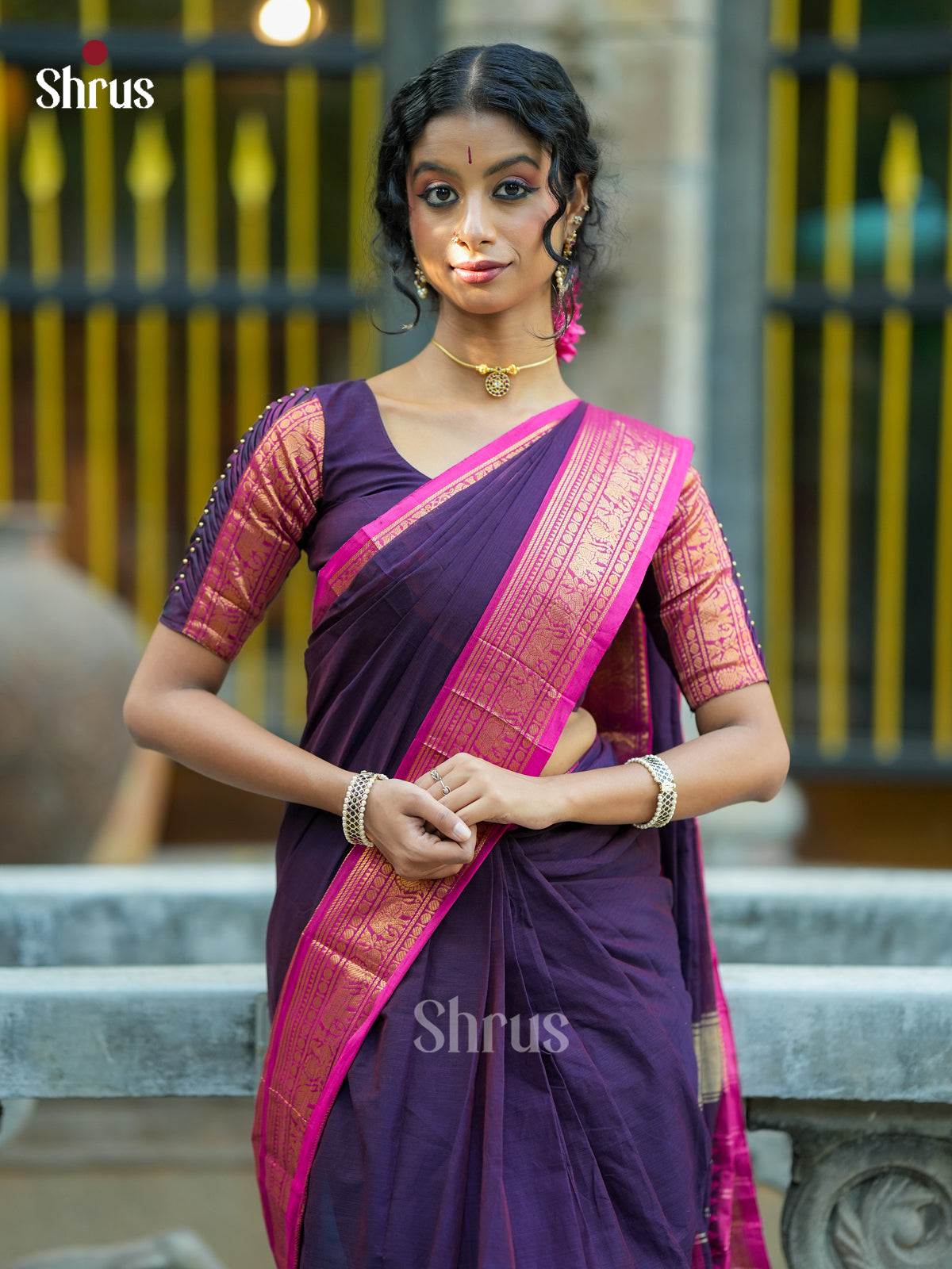 Violet & Pink - Chettinad Cotton Saree - EES26231 - Shop on Shrus.com