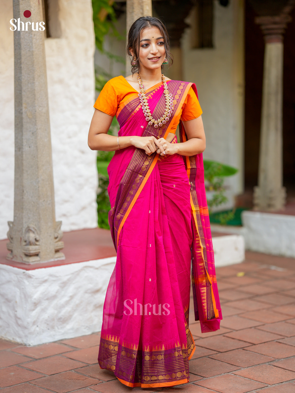 Vivid Magenta Chettinad Cotton Saree With Thread Buttas & Orange Zari Woven Temple Border
