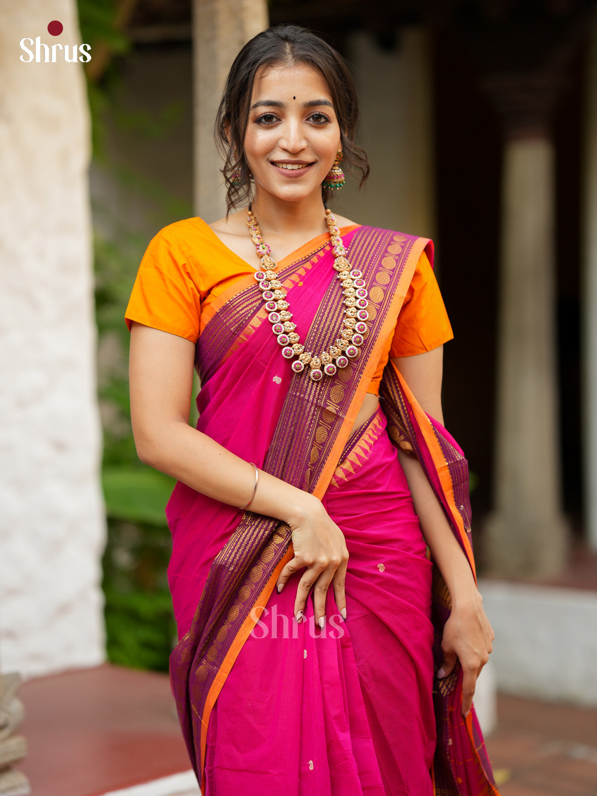 Vivid Magenta Chettinad Cotton Saree With Thread Buttas & Orange Zari Woven Temple Border
