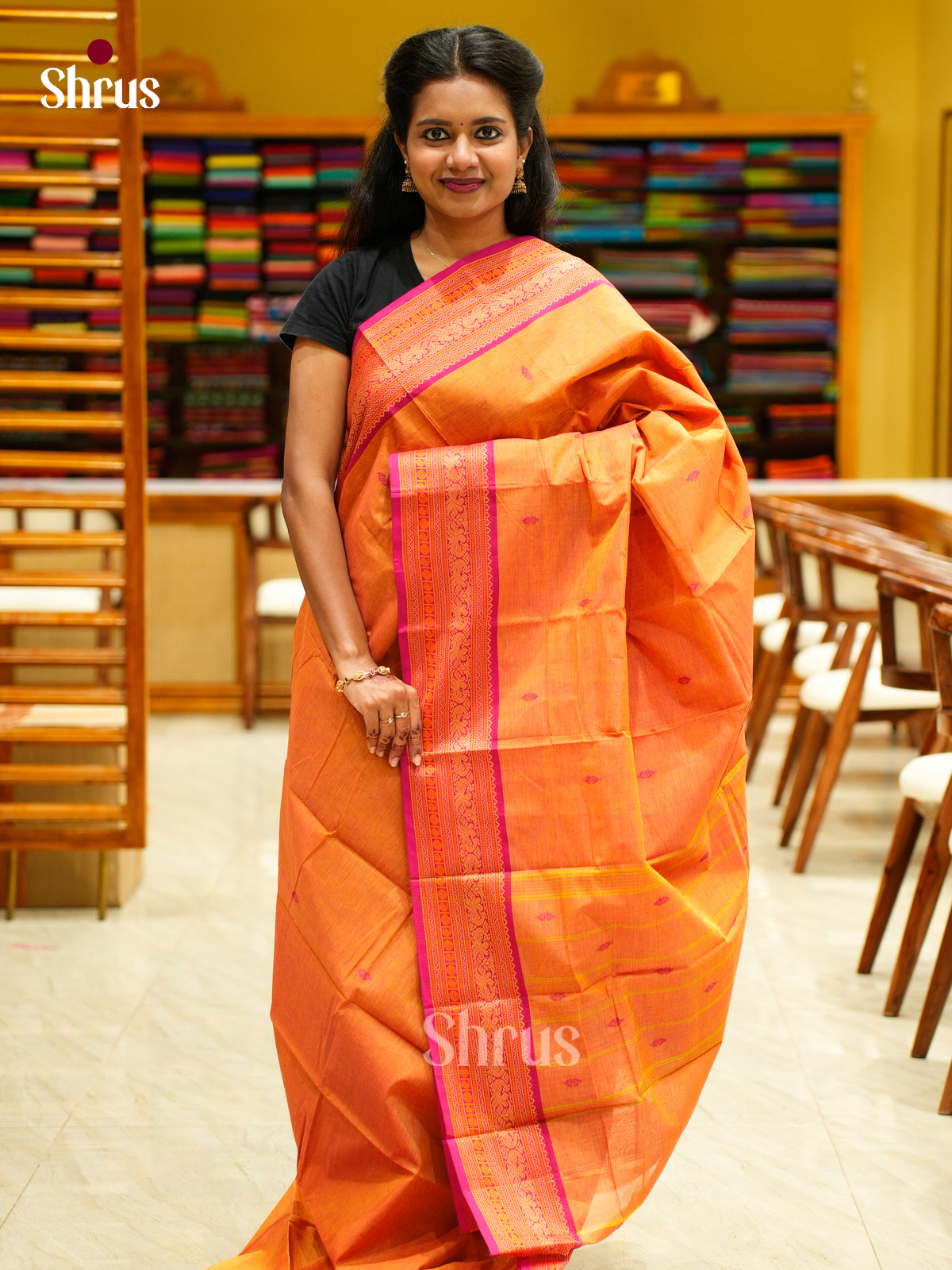 Orange & Pink - Chettinad Cotton Saree - EFS03007 - Shop on Shrus.com