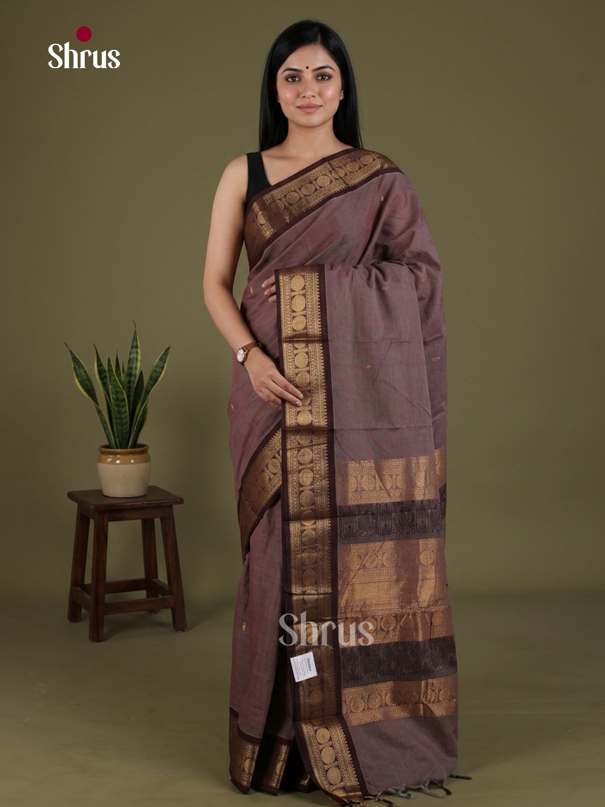 Exquisite Dark Mauve Chettinad Cotton Saree With Plain Body & Dark Brown Zari Border - Shop on Shrus.com